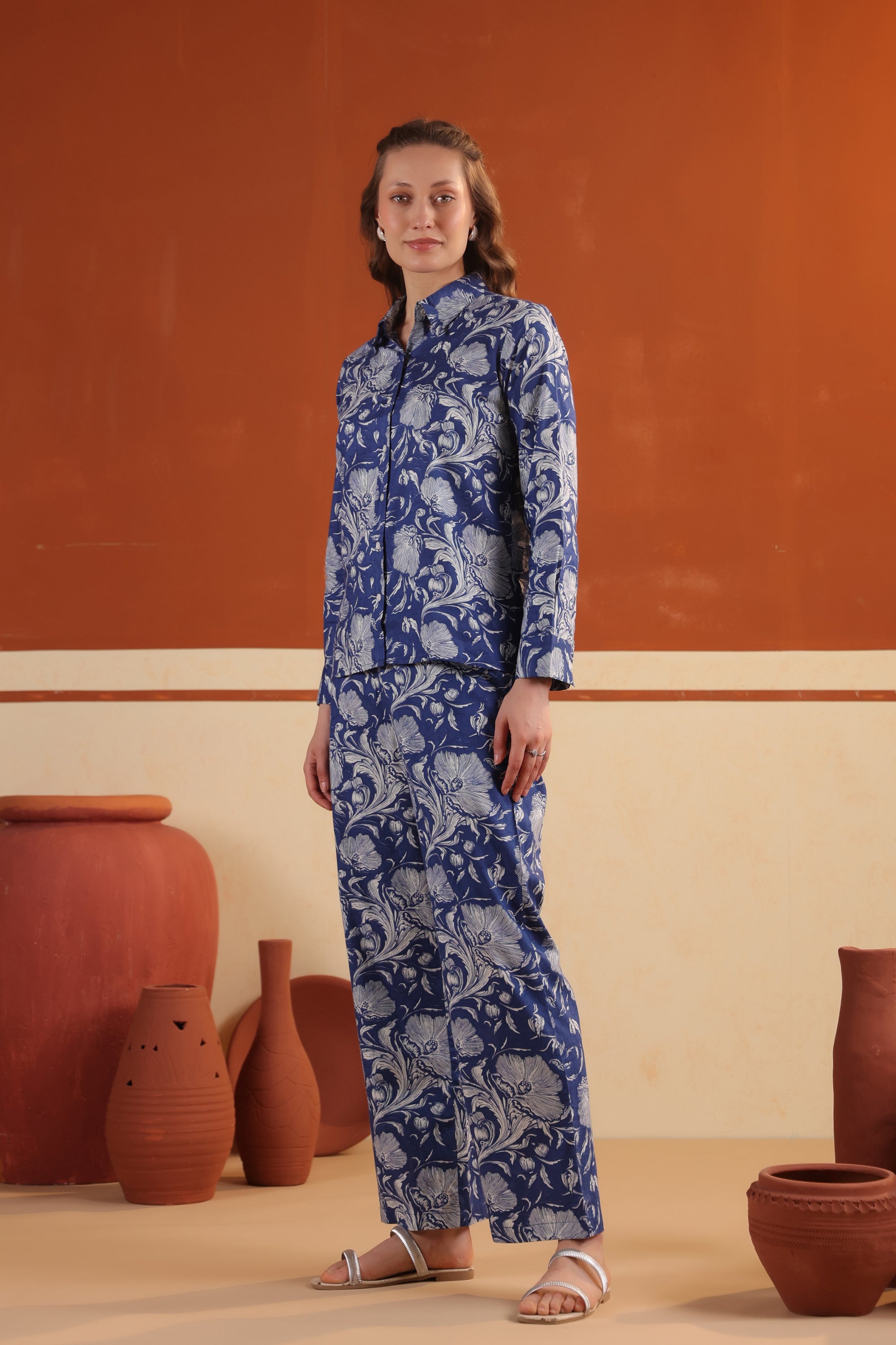 Navy Blue Garden Floral Printed Relaxed Fit Shirt & Pant Cotton Co-ord Set