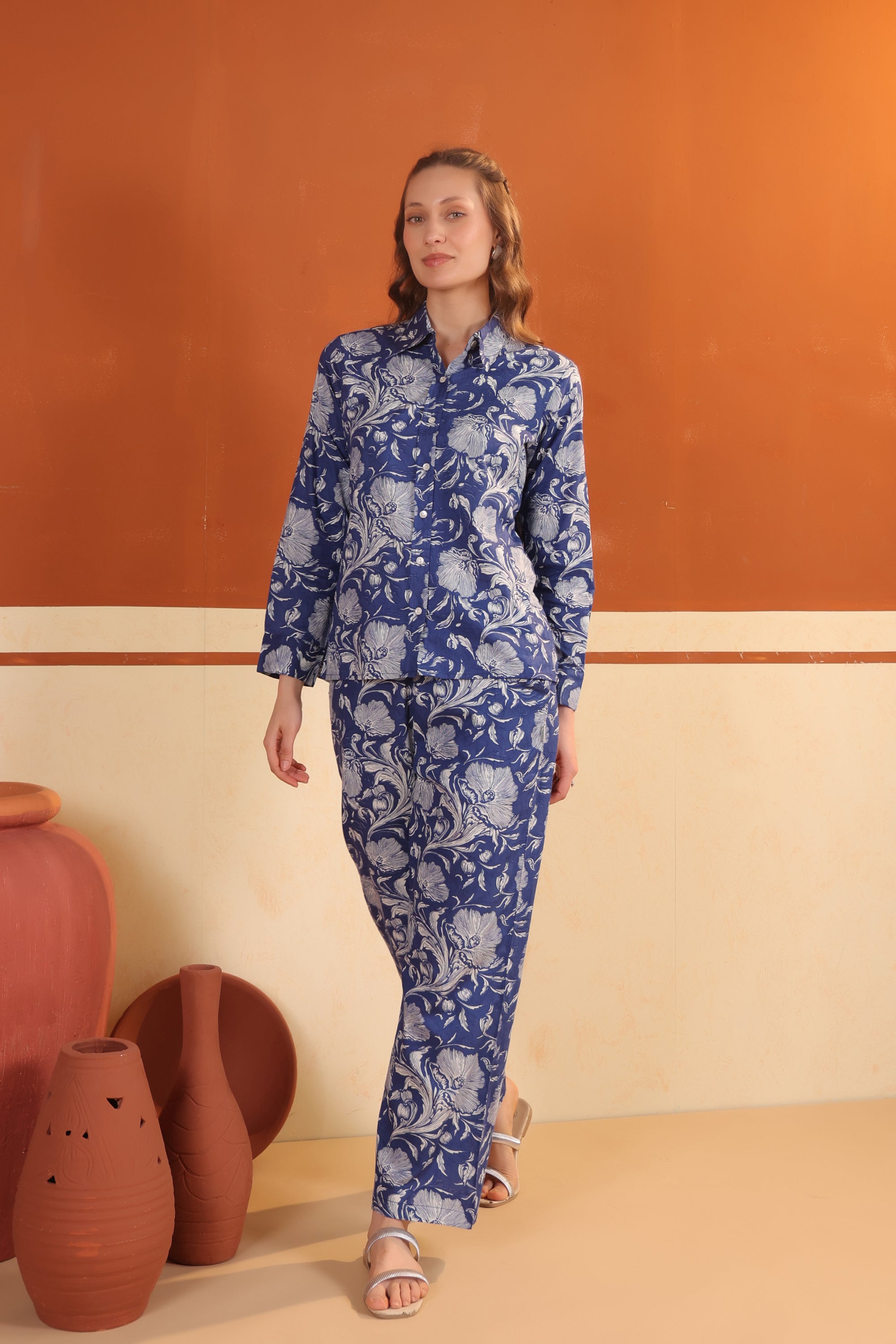 Navy Blue Garden Floral Printed Relaxed Fit Shirt & Pant Cotton Co-ord Set