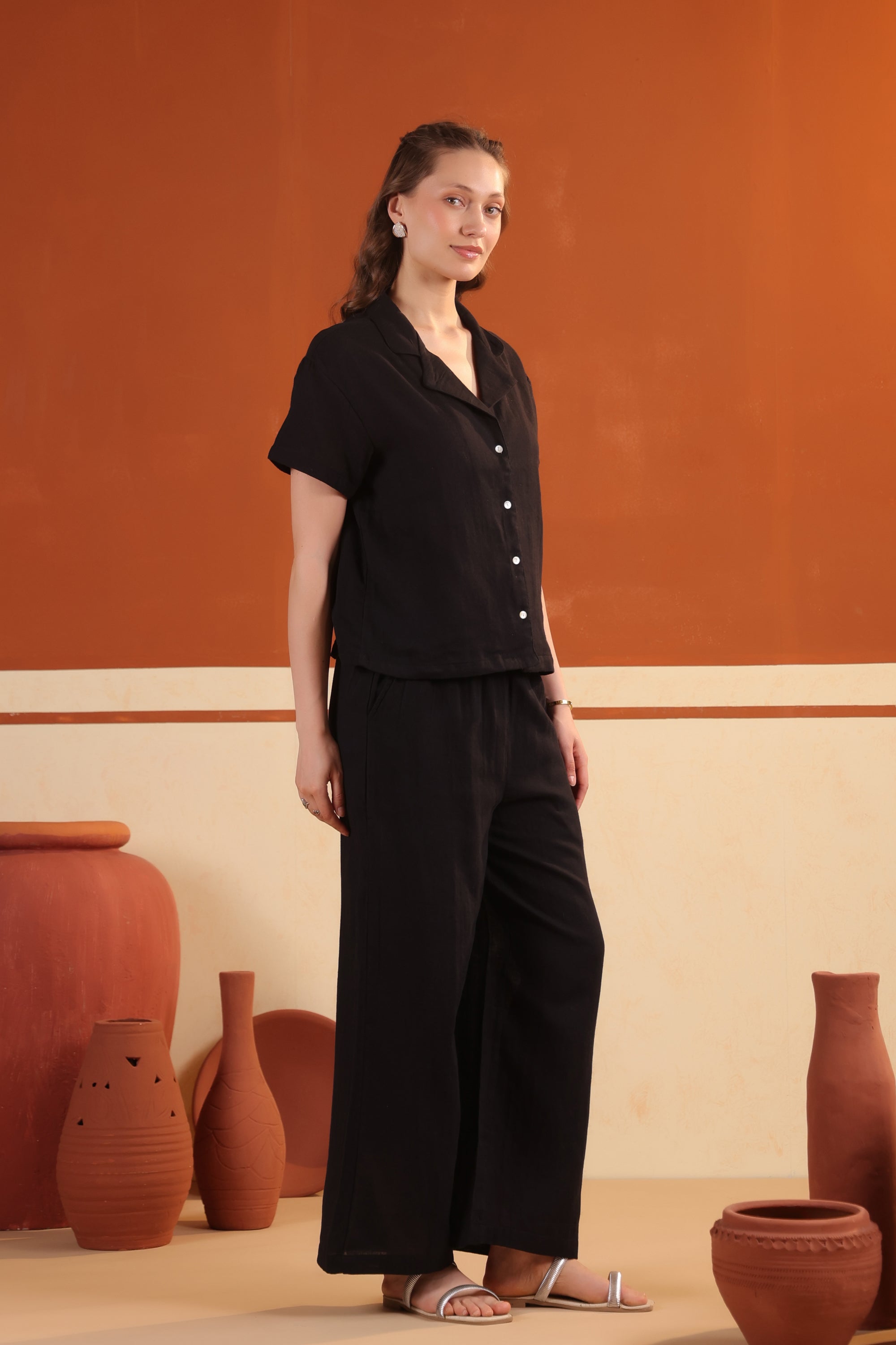 Black Solid Cotton Relaxed Fit Night Suit Set