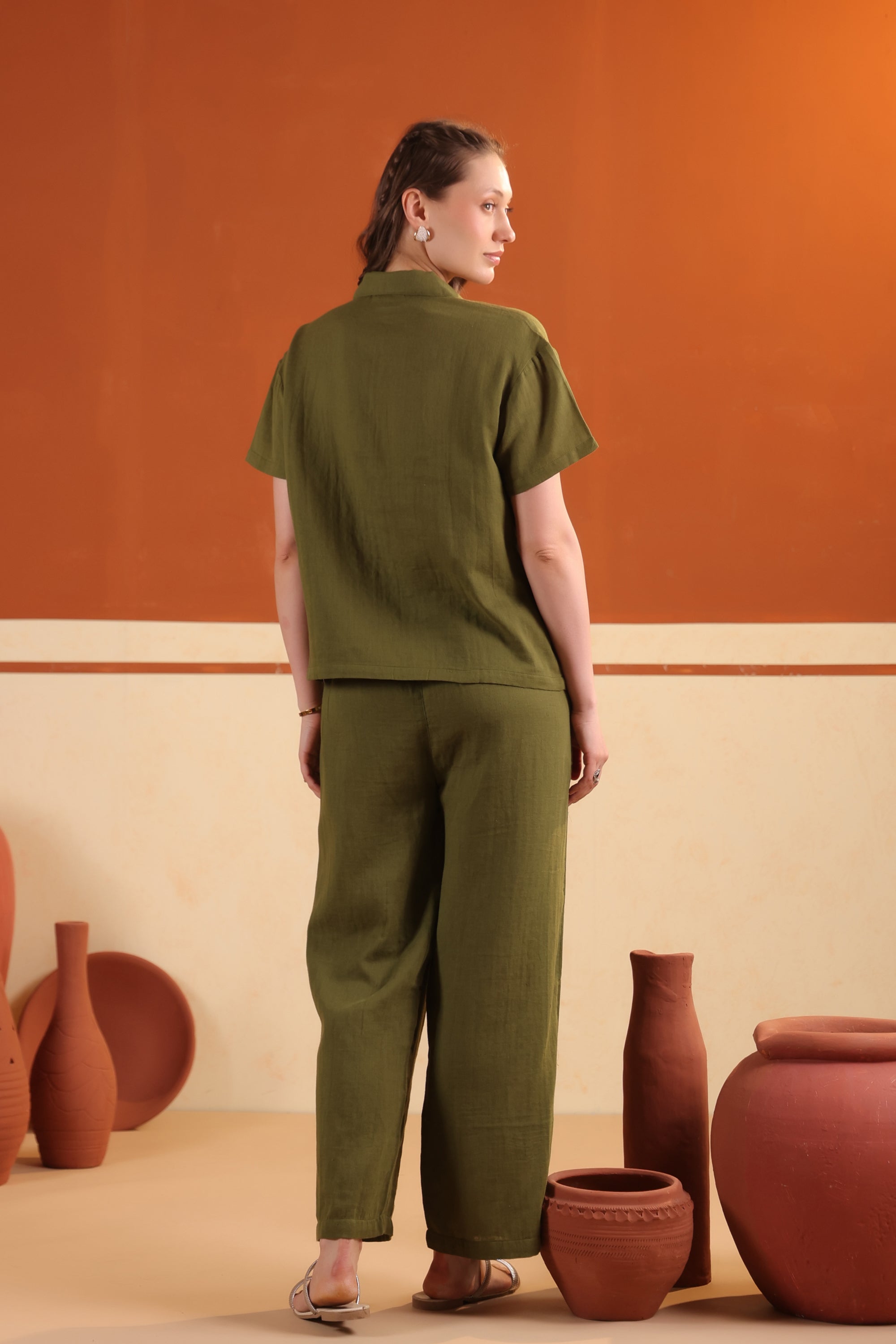 Olive Green Solid Cotton Night Suit Set With Pants