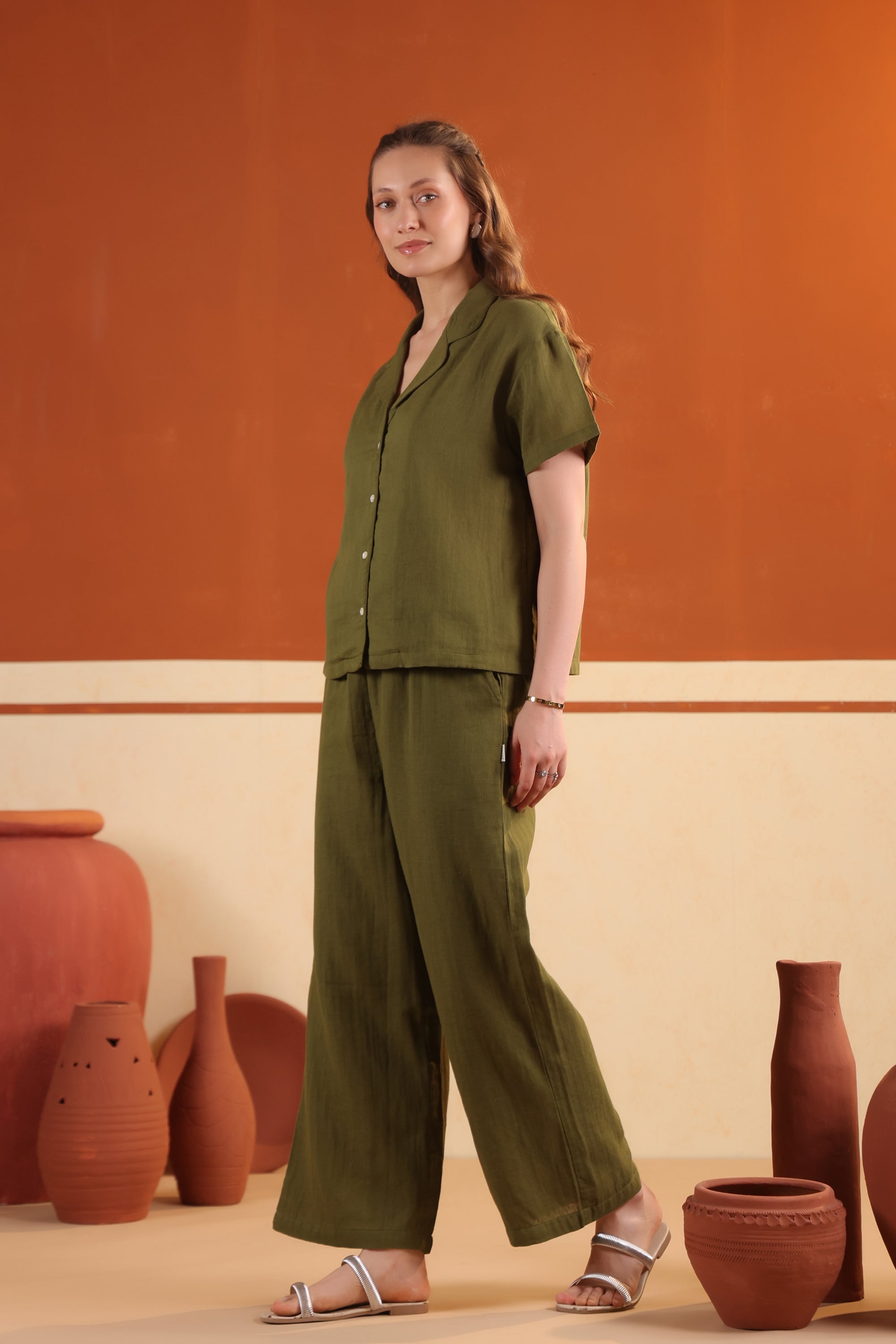 Olive Green Solid Cotton Night Suit Set With Pants