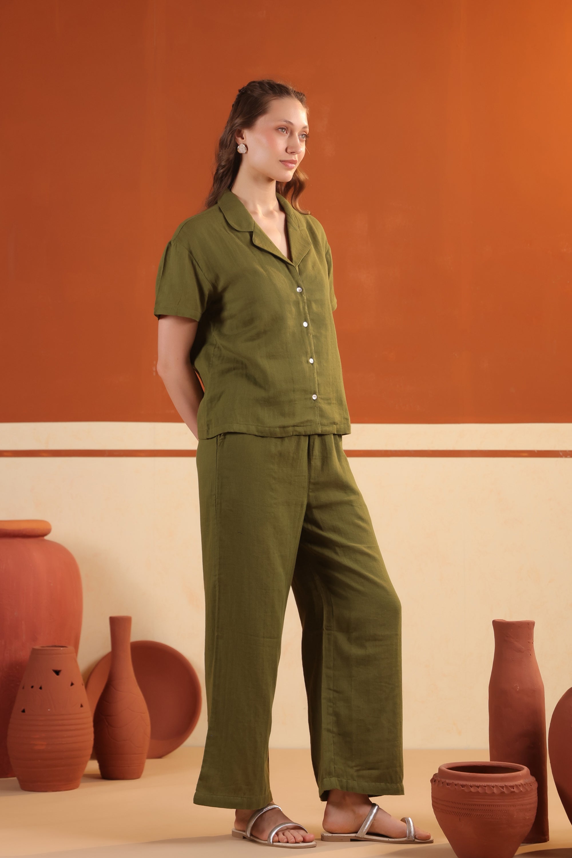 Olive Green Solid Cotton Night Suit Set With Pants