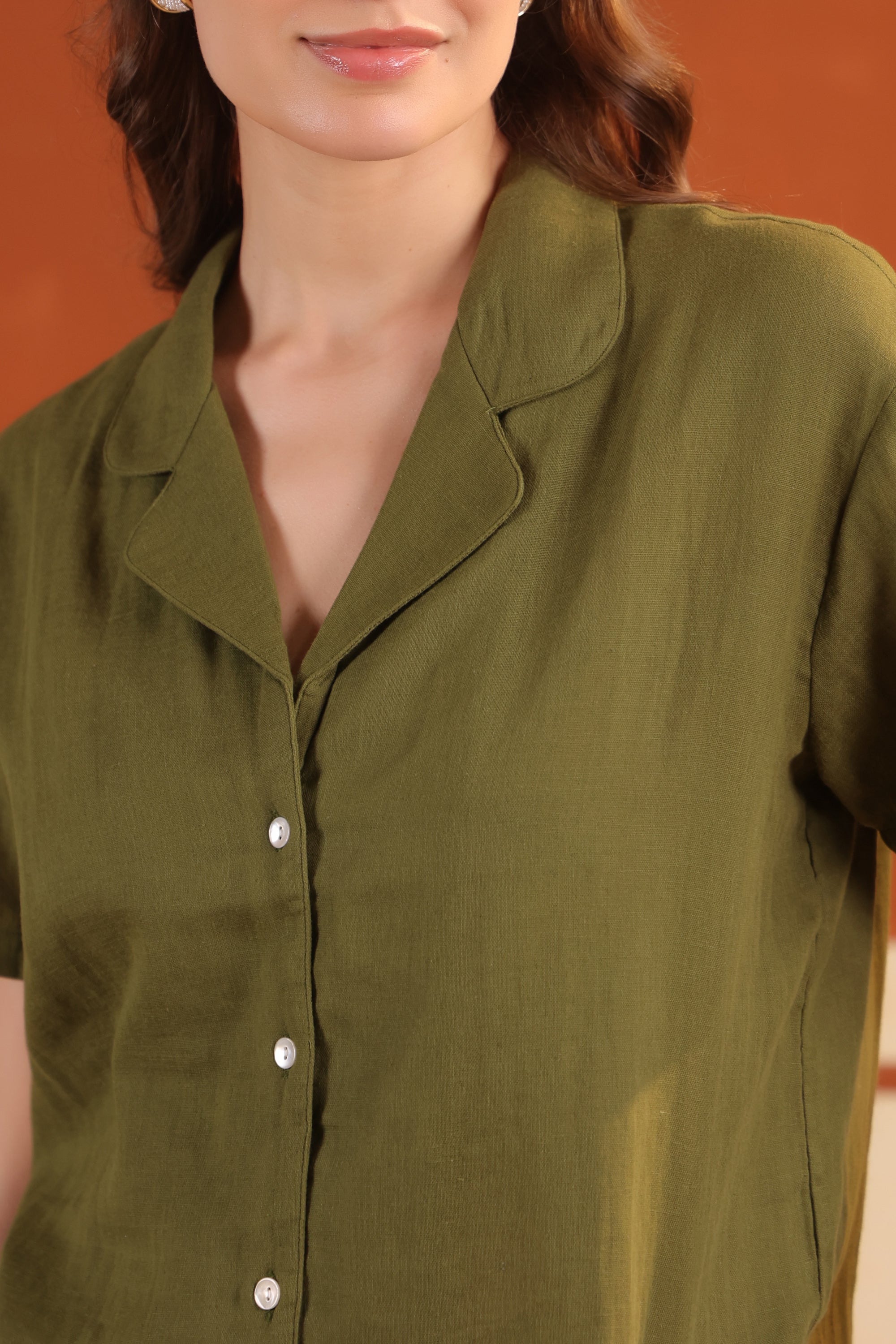 Olive Green Solid Cotton Night Suit Set With Pants