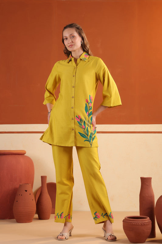 Mustard Yellow Floral Printed Cotton Button-Down Shirt with Matching Pants Co-ord Set