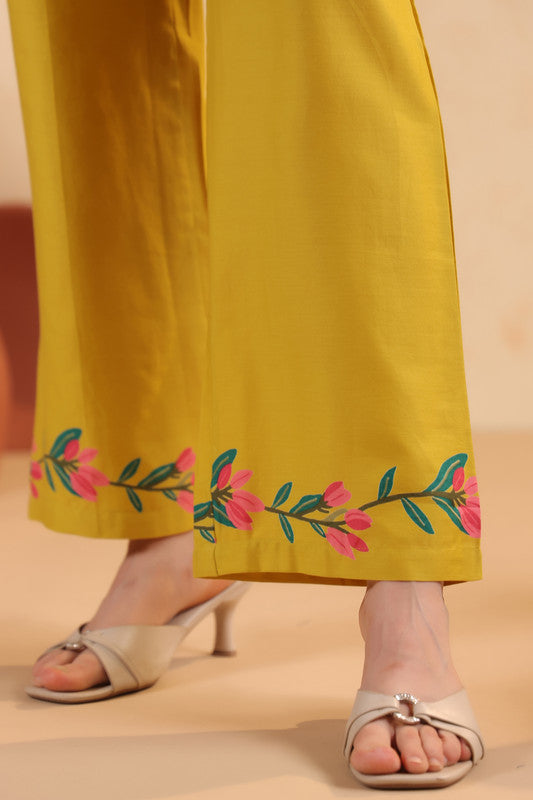 Mustard Yellow Floral Printed Cotton Button-Down Shirt with Matching Pants Co-ord Set