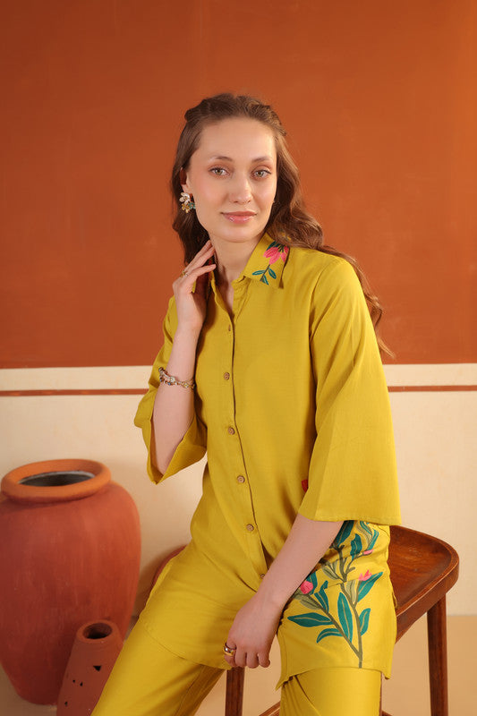Mustard Yellow Floral Printed Cotton Button-Down Shirt with Matching Pants Co-ord Set