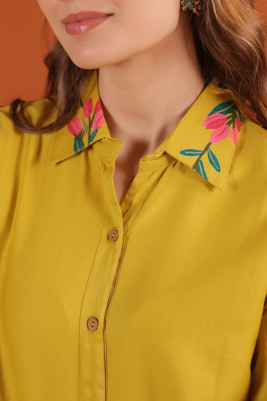 Mustard Yellow Floral Printed Cotton Button-Down Shirt with Matching Pants Co-ord Set