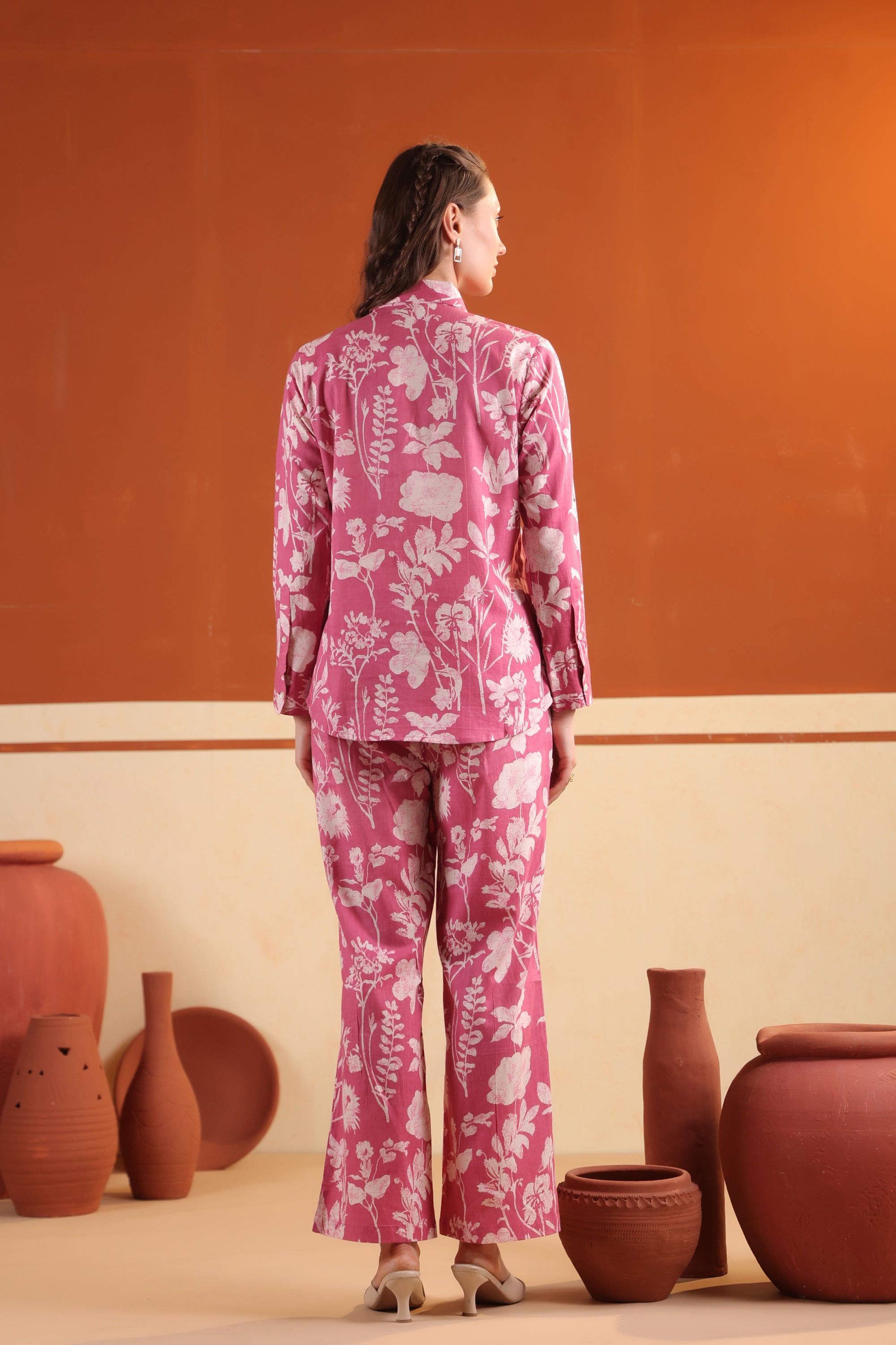 Pink Blossom Printed Cotton Shirt with Straight Pants Co-ord Set