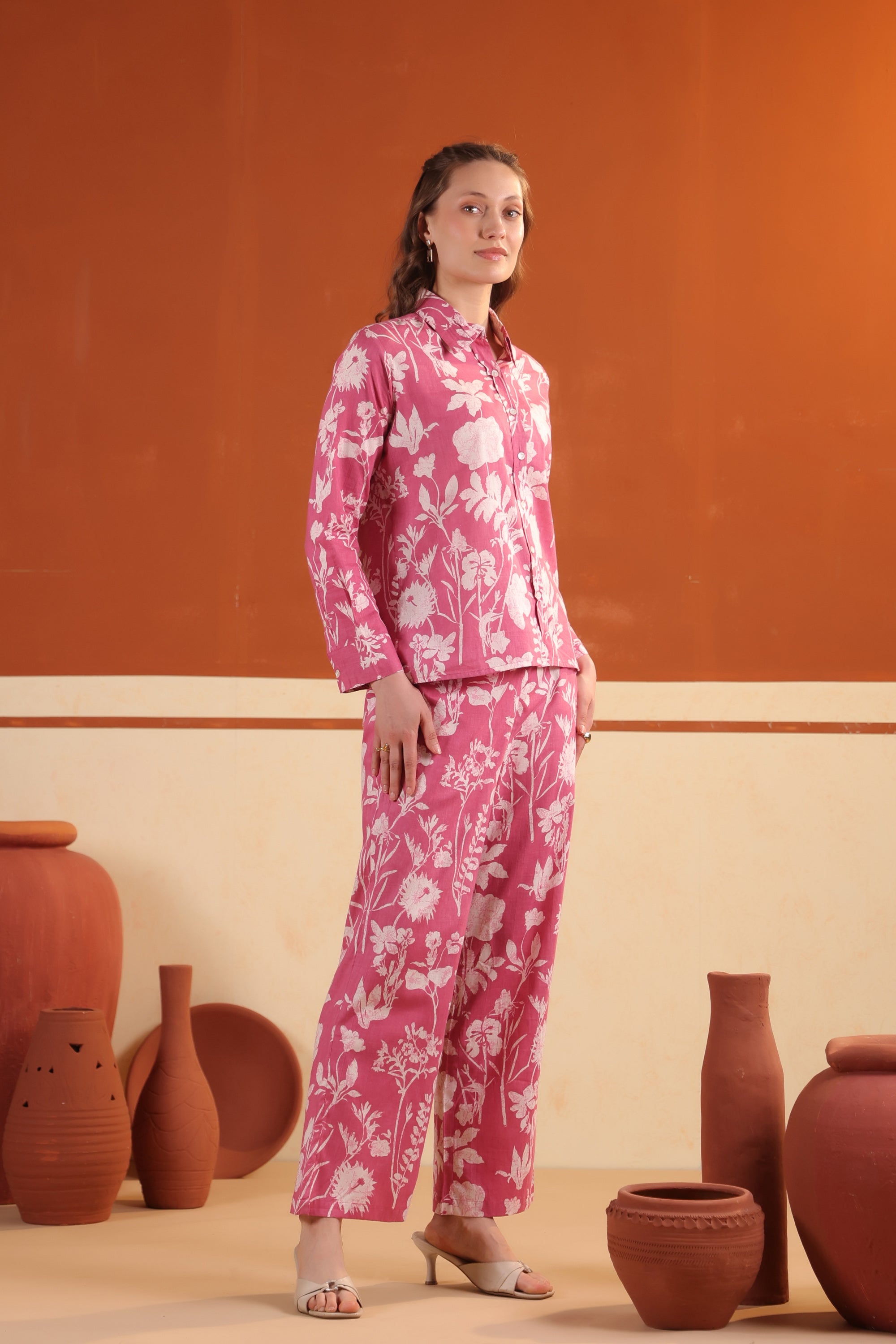 Pink Blossom Printed Cotton Shirt with Straight Pants Co-ord Set