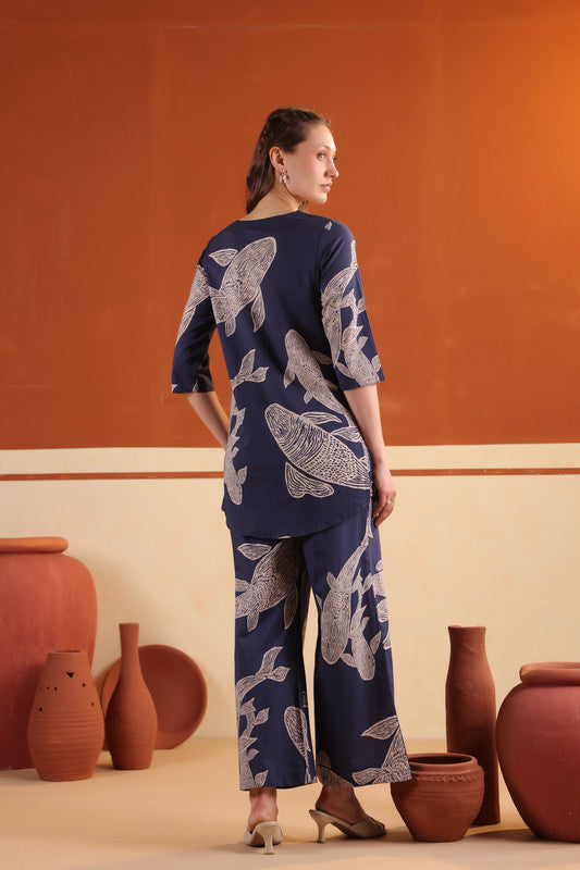 Navy Blue Abstract Leaf Printed Tunic with Wide-Leg Pants Cotton Co-ord Set
