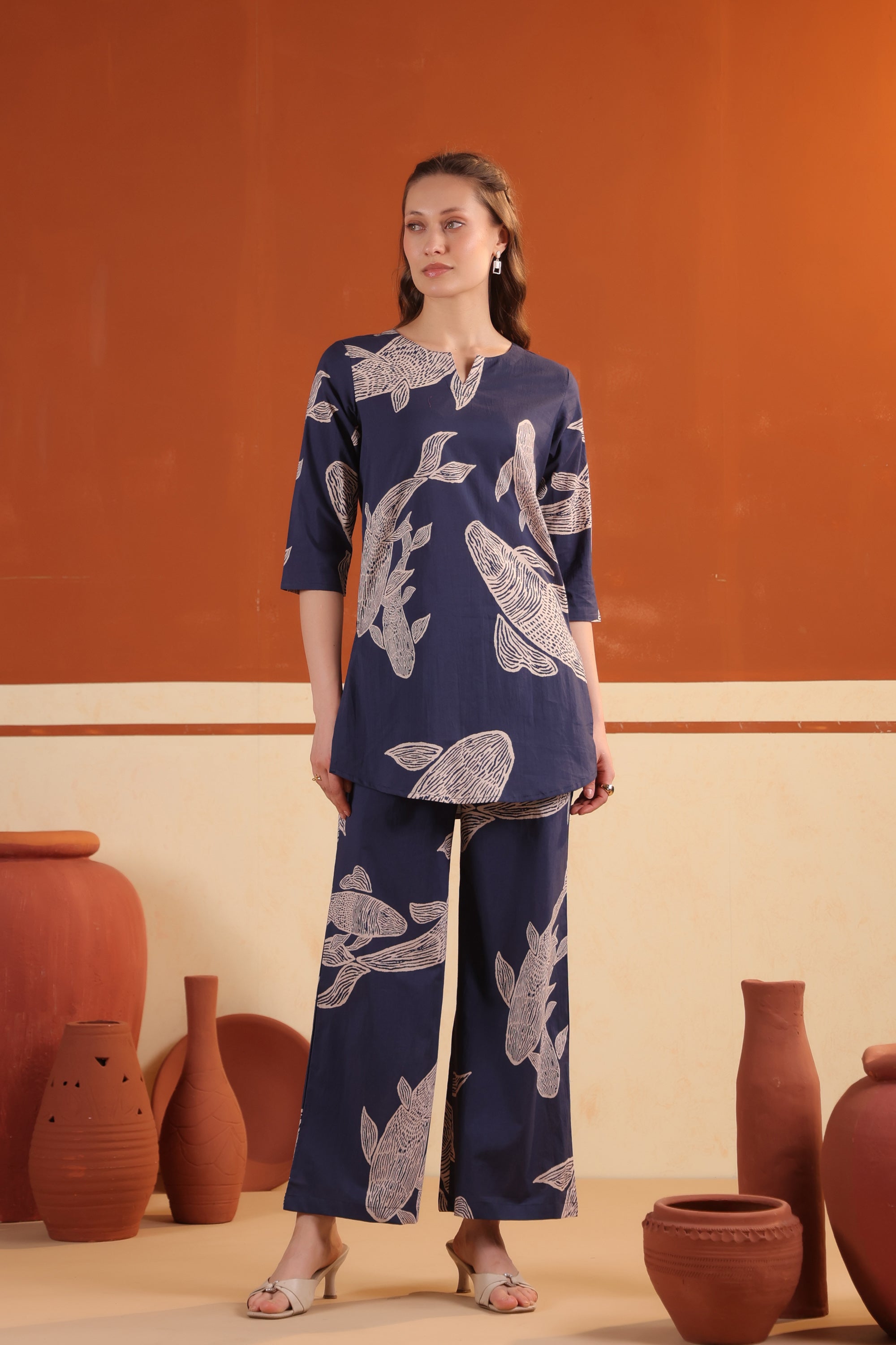 Navy Blue Abstract Fish Printed Tunic with Wide-Leg Pants Cotton Co-ord Set