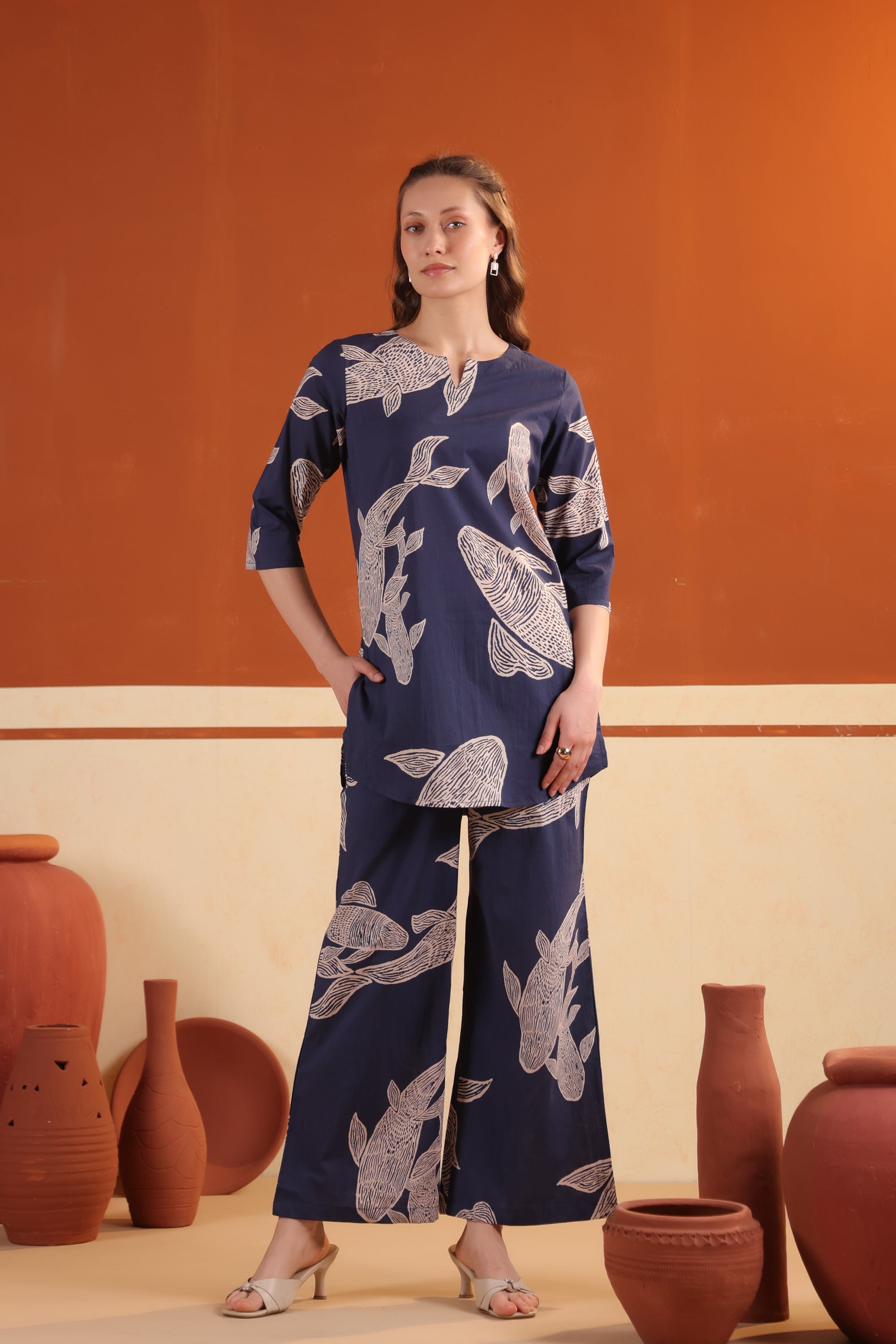Navy Blue Abstract Fish Printed Tunic with Wide-Leg Pants Cotton Co-ord Set