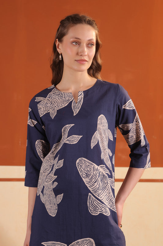Navy Blue Abstract Leaf Printed Tunic with Wide-Leg Pants Cotton Co-ord Set