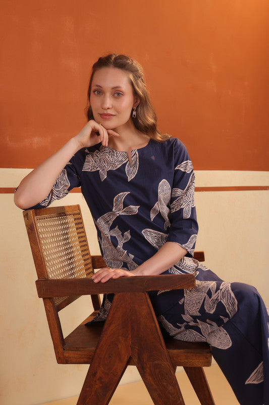 Navy Blue Abstract Leaf Printed Tunic with Wide-Leg Pants Cotton Co-ord Set