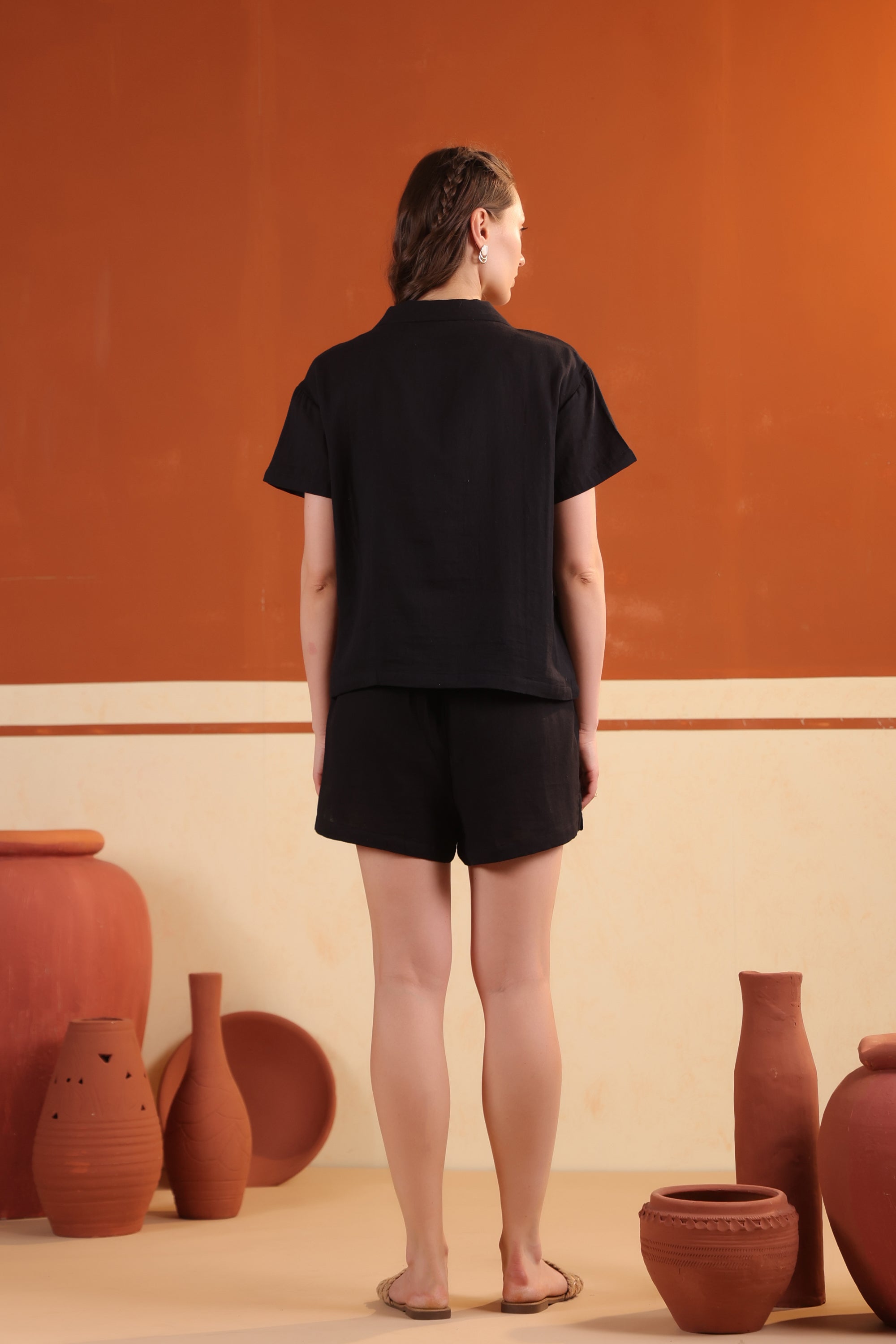 Black Solid Cotton Night Suit Set With Shorts