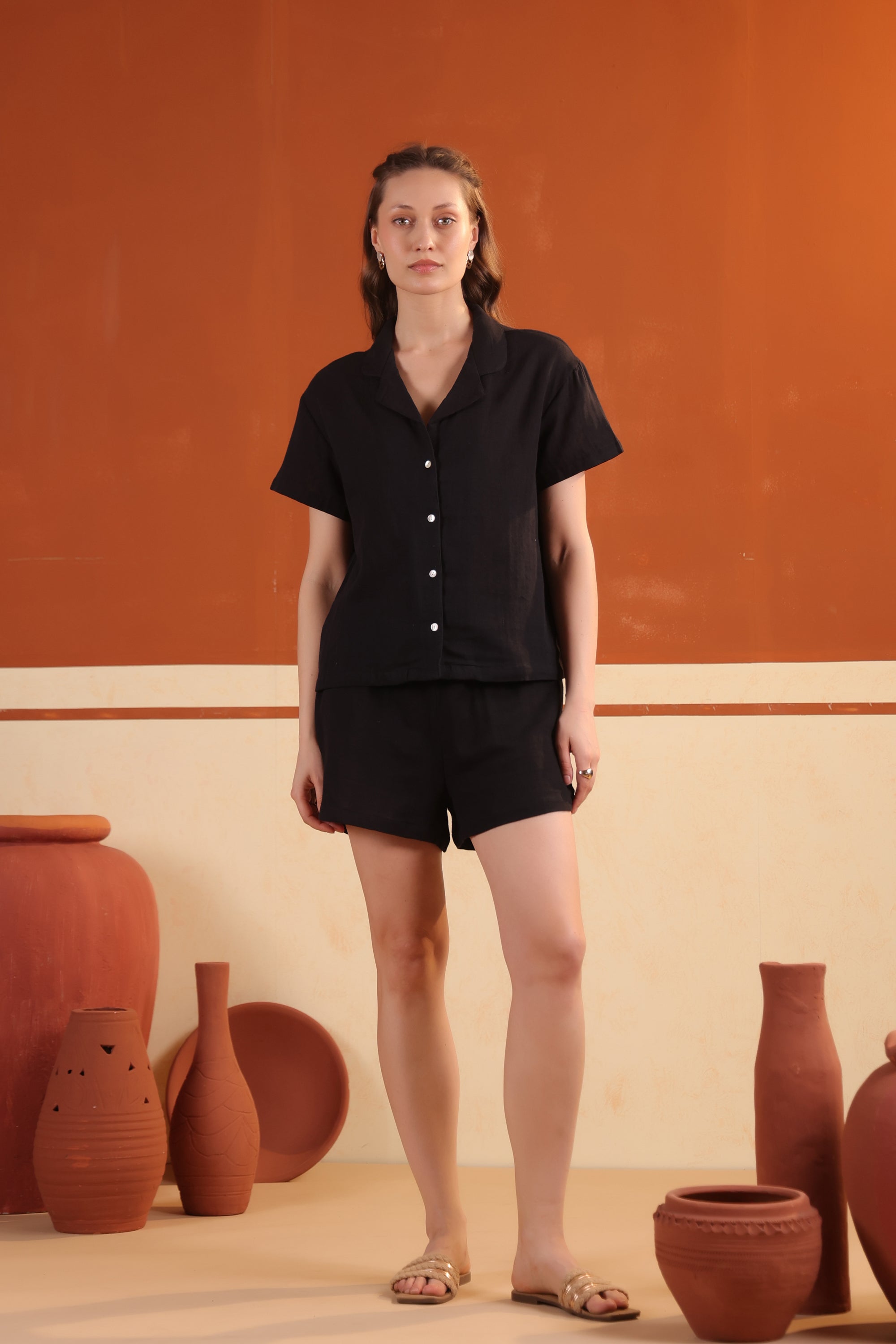 Black Solid Cotton Night Suit Set With Shorts