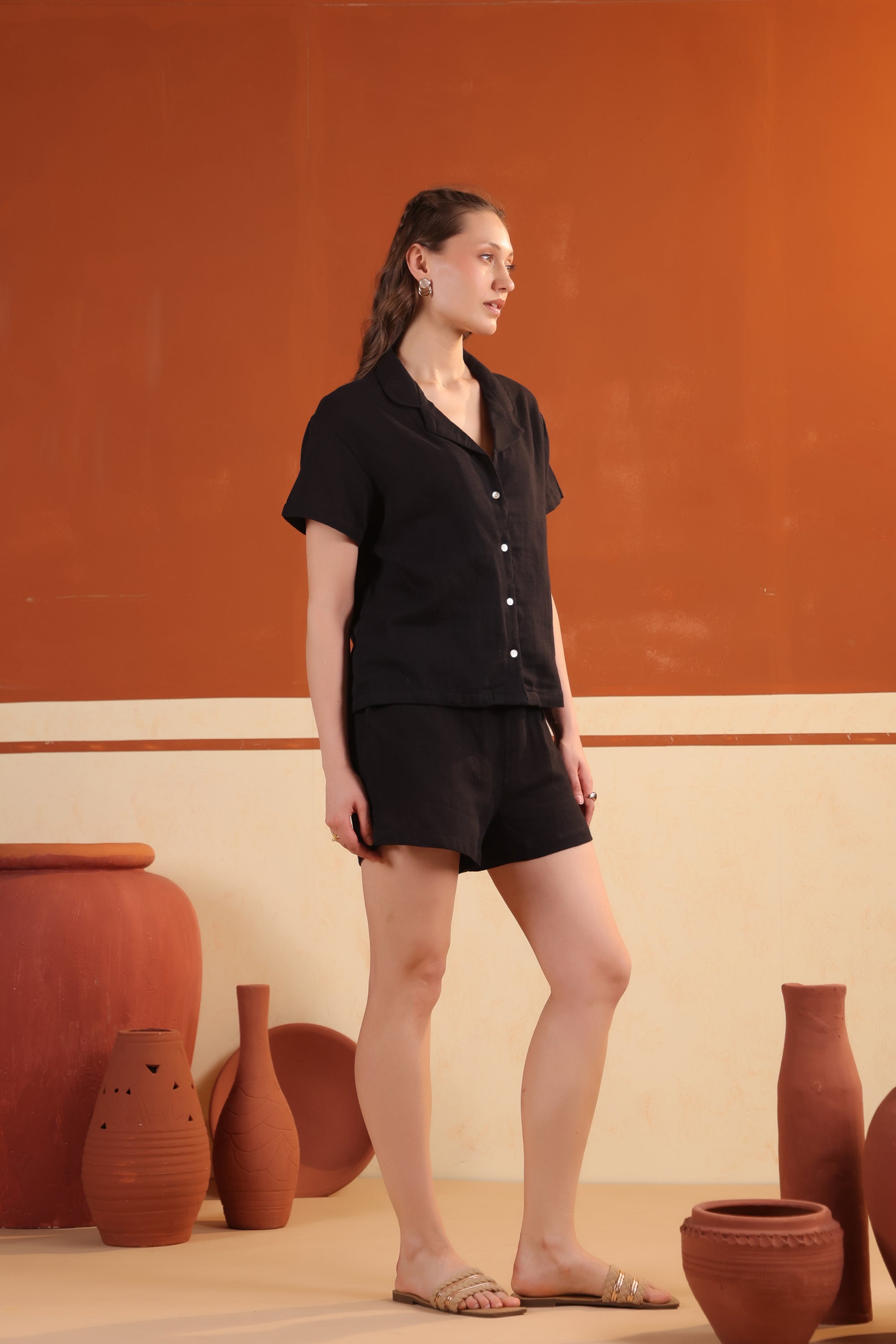 Black Solid Cotton Night Suit Set With Shorts