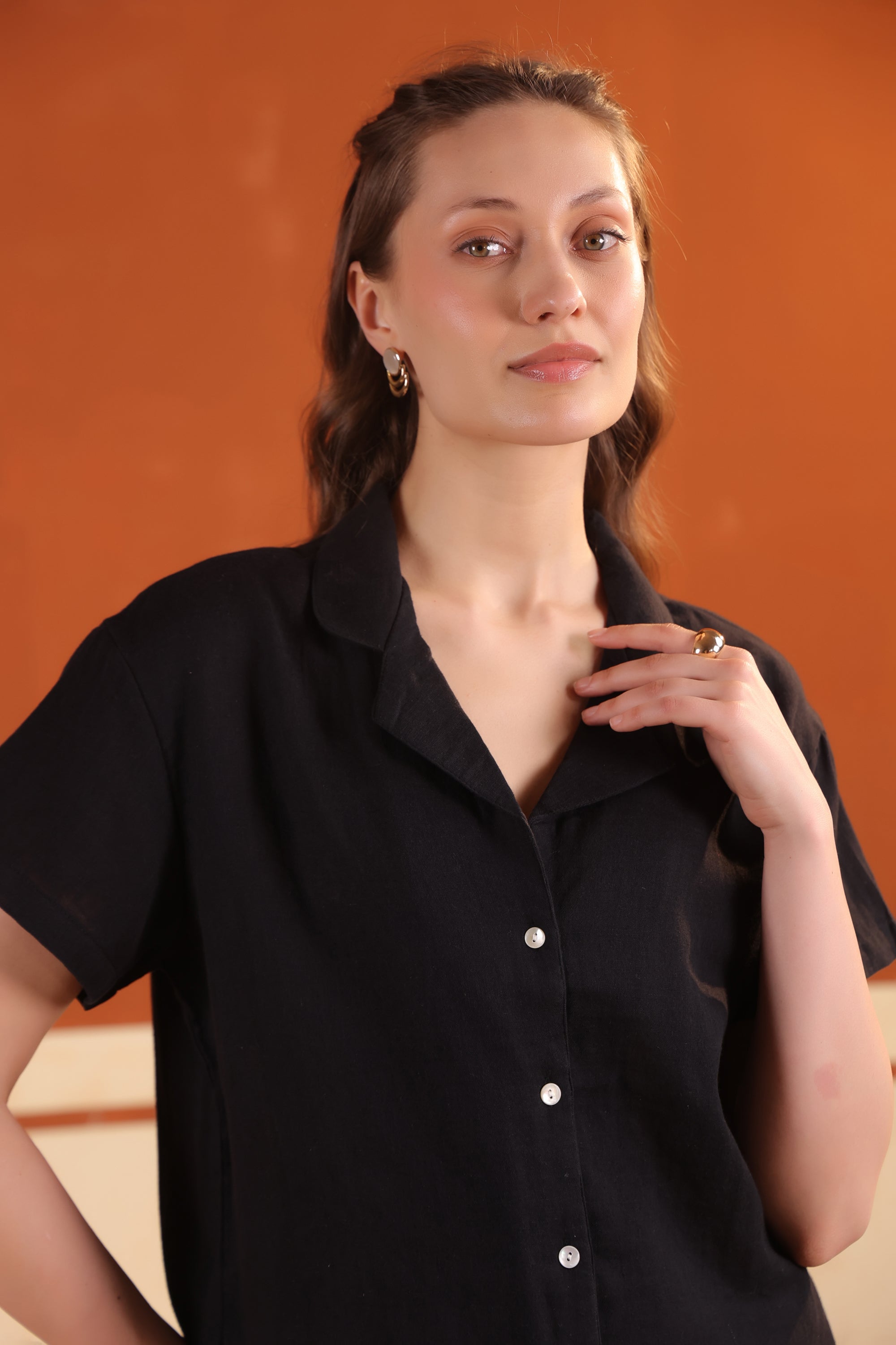 Black Solid Cotton Night Suit Set With Shorts