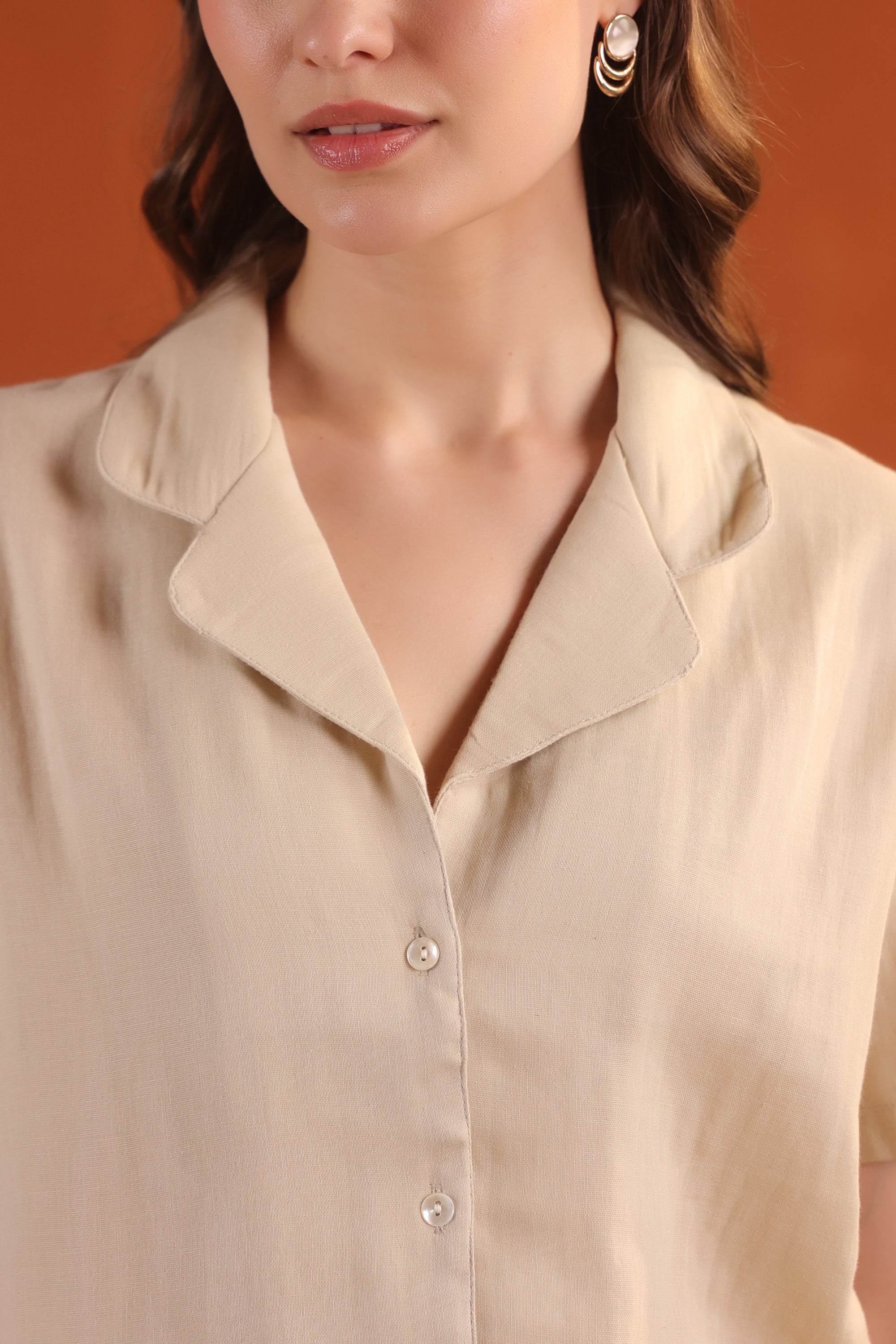 Beige Solid Short Sleeve Night Suit Set