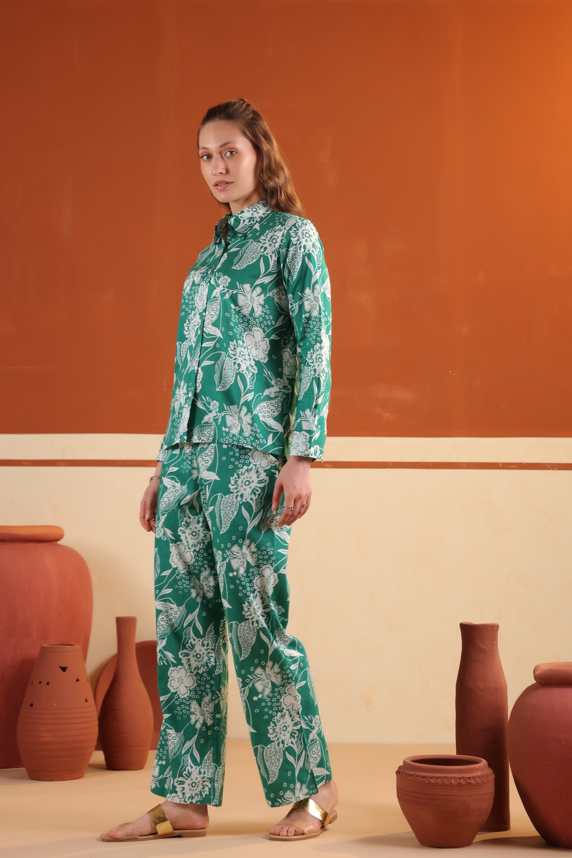 Green Floral Button-Down Printed Two Piece Cotton Co-ord Set