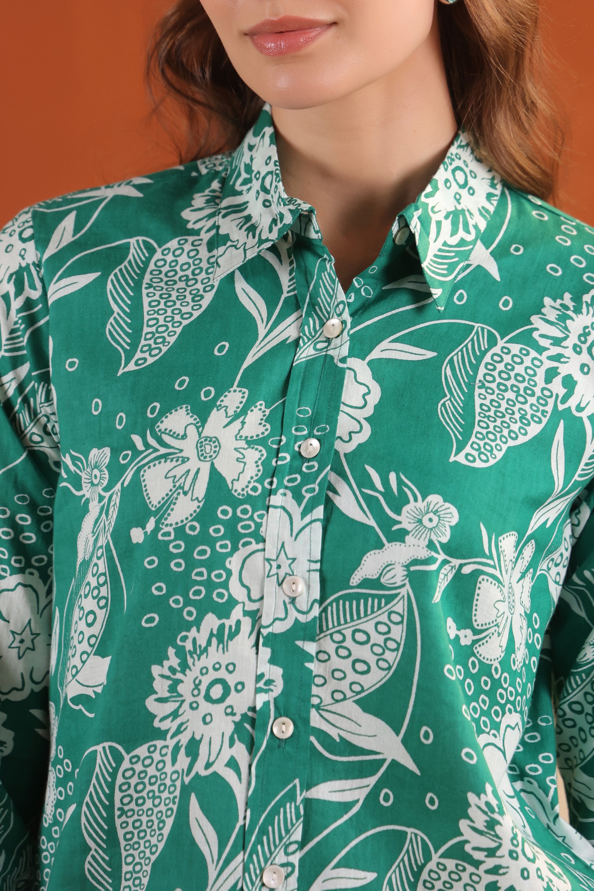 Green Floral Button-Down Printed Two Piece Cotton Co-ord Set