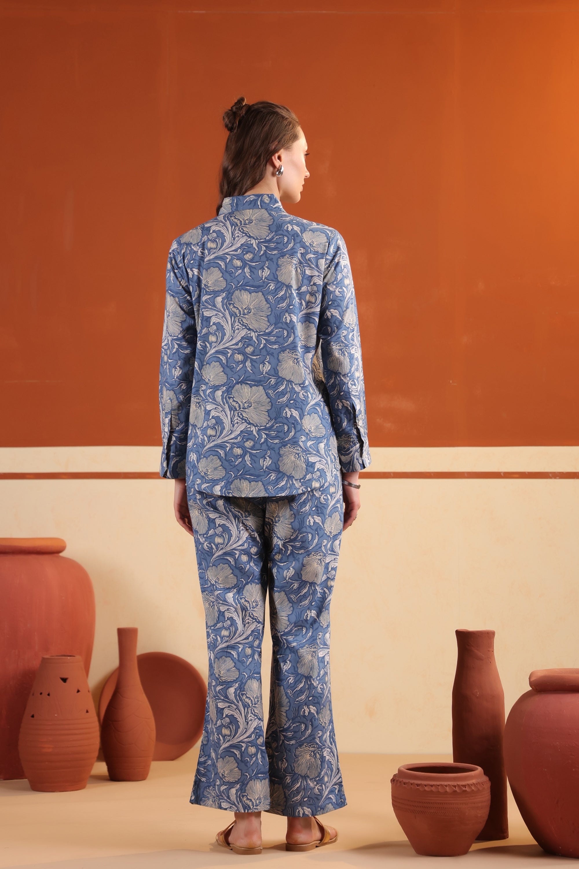 Dusty Blue Floral Printed Button-Down Shirt with Matching Pants Cotton Co-ord Set