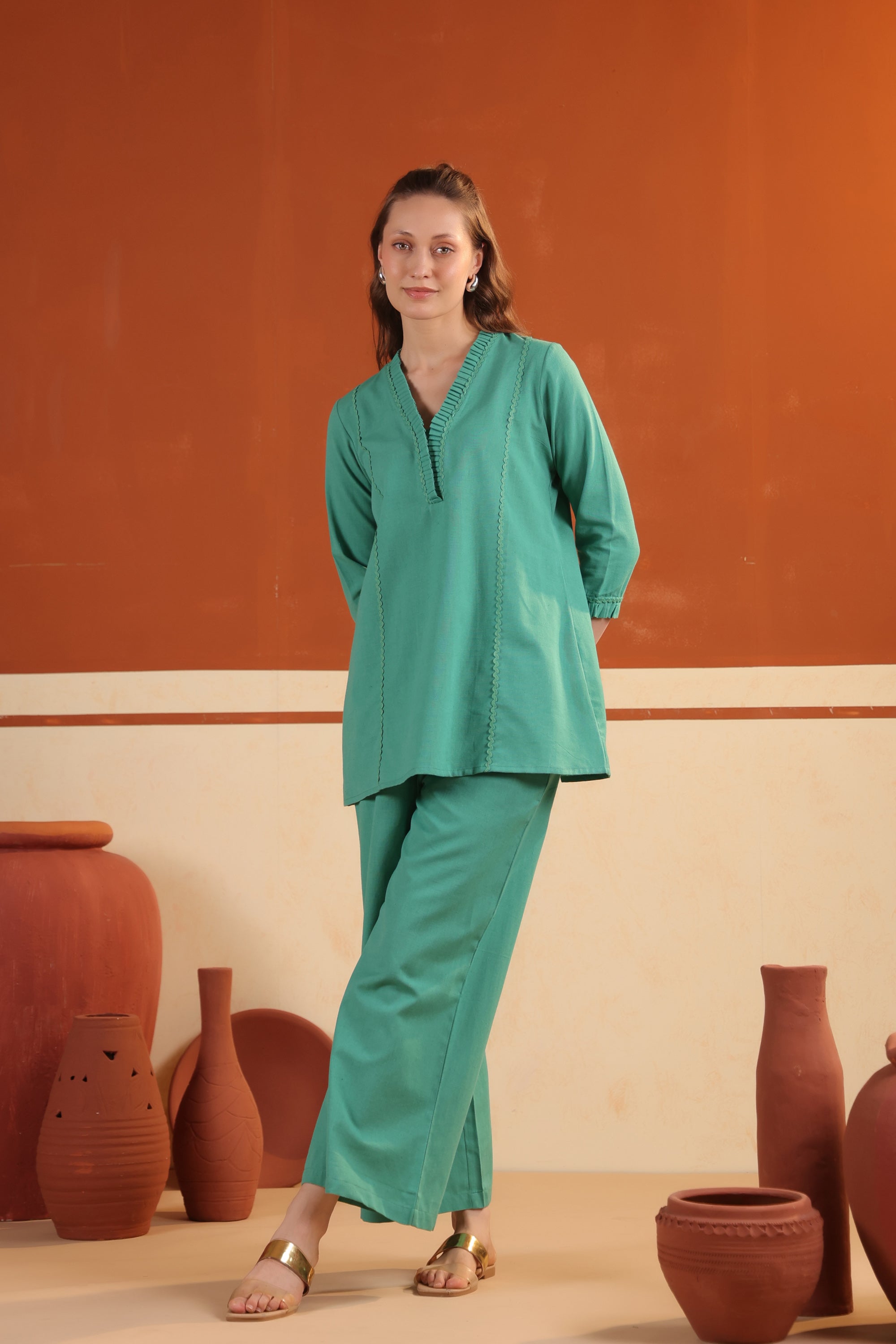 Green Solid Cotton Flex Elegant Minimal Style Top & Pant Co-ord Set