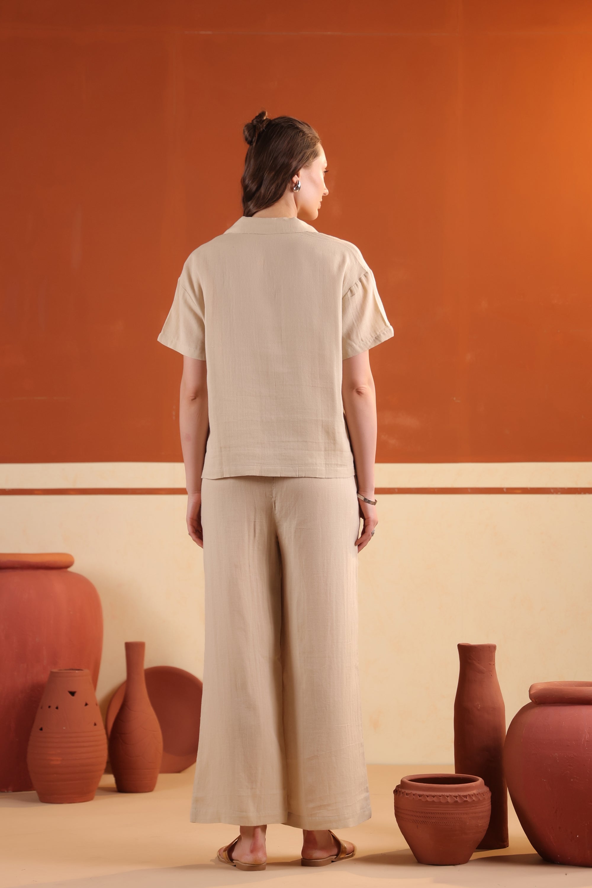 Beige Solid Short Cotton Night Suit Set With Pants