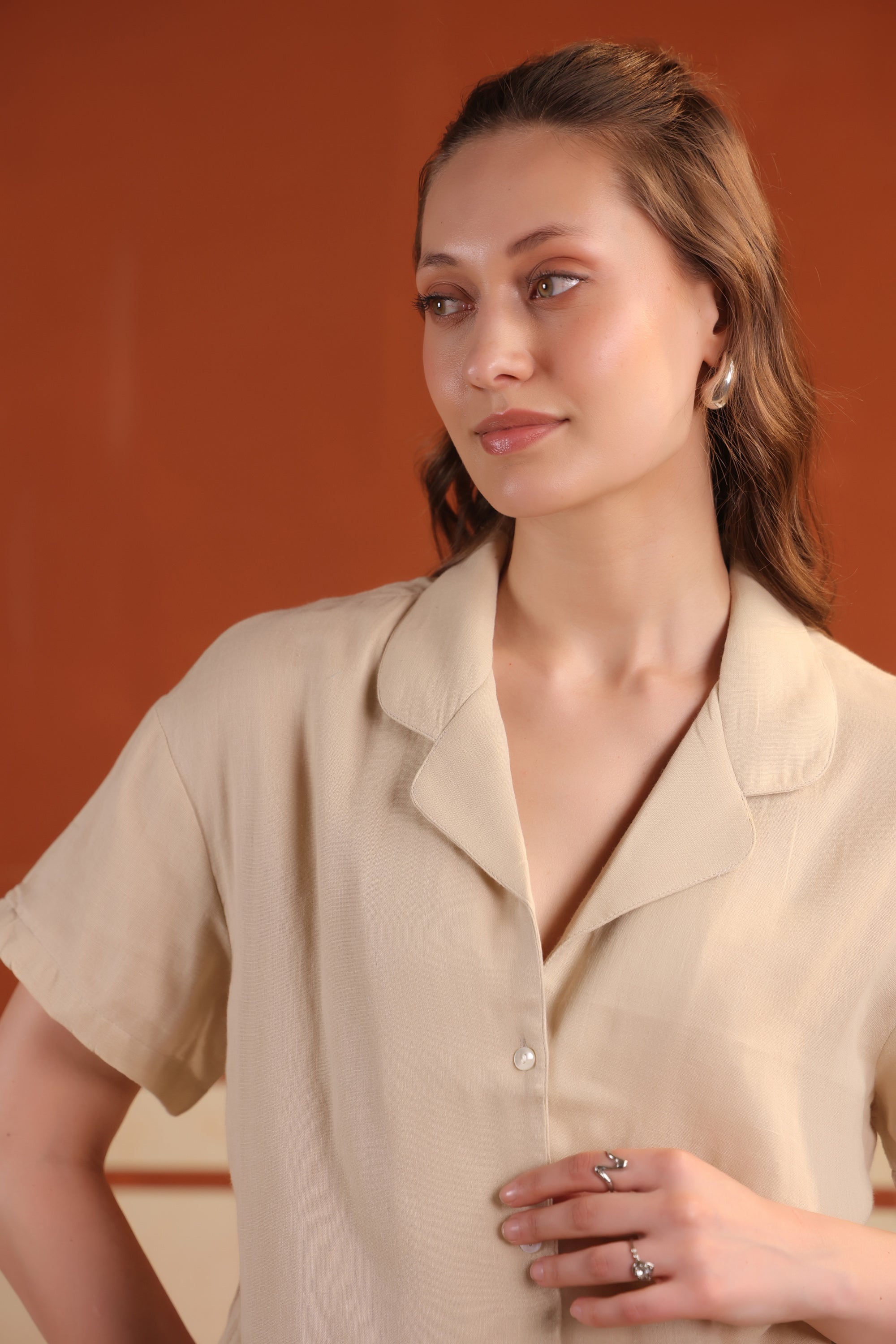 Beige Solid Short Cotton Night Suit Set With Pants