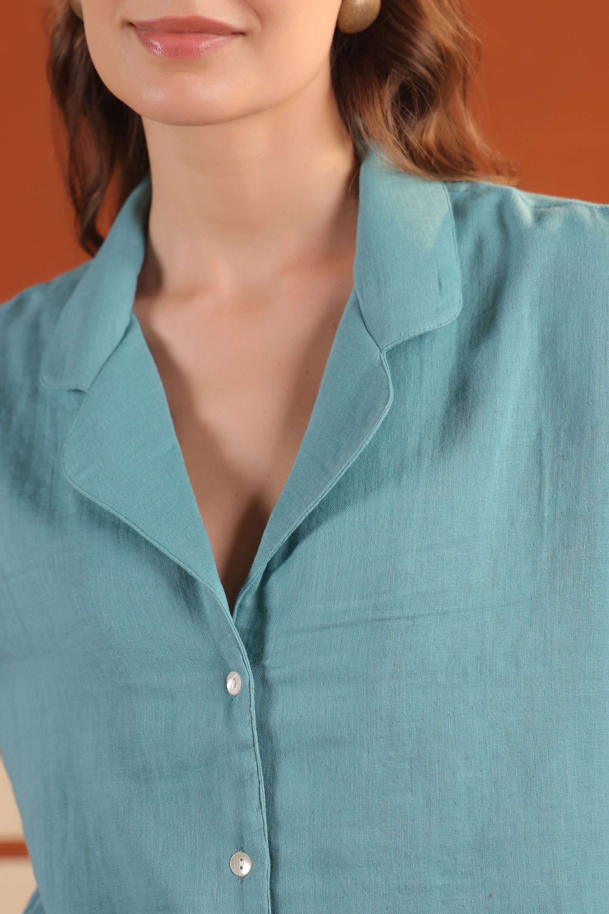 Blue Solid Cotton Button-Down Short Sleeve Night Suit Set