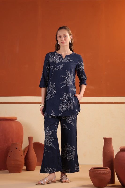 Blue Leaf Printed Relaxed Fit Tunic & Pant Cotton Co-ord Set