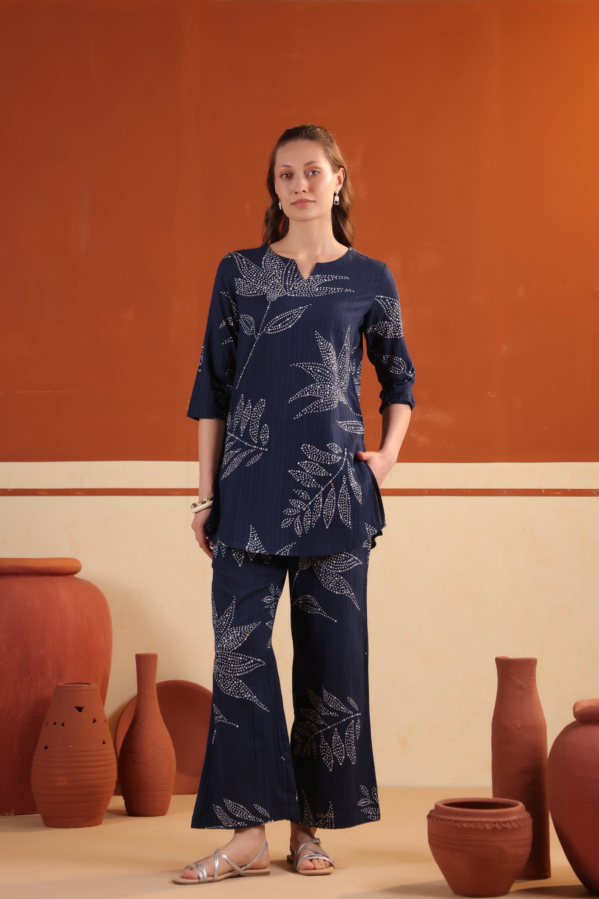 Blue Leaf Printed Relaxed Fit Tunic & Pant Cotton Co-ord Set