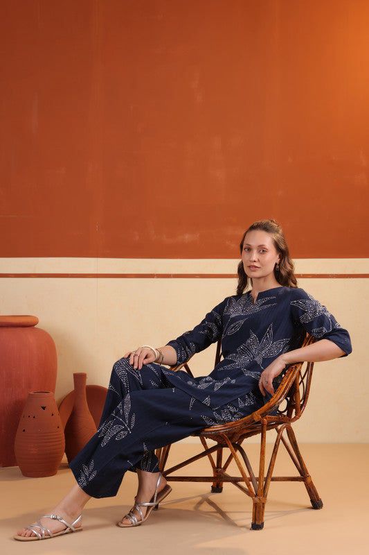Blue Leaf Printed Relaxed Fit Tunic & Pant Cotton Co-ord Set