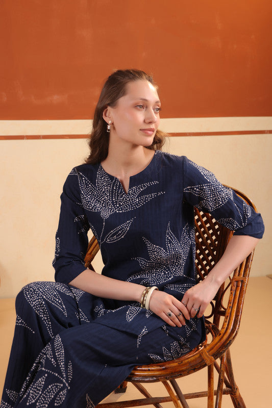Blue Leaf Printed Relaxed Fit Tunic & Pant Cotton Co-ord Set