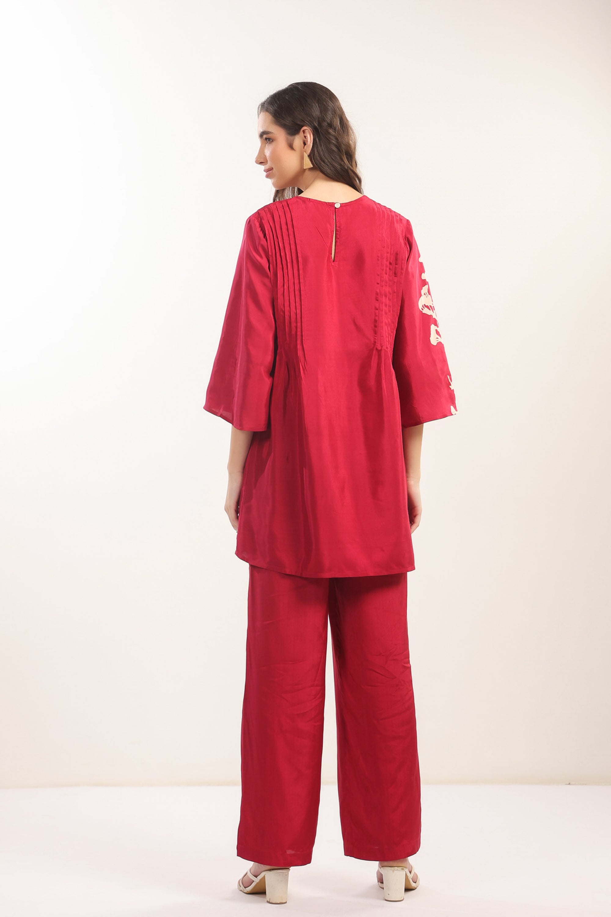 Elegant Crimson Red Floral Russian Silk Co-ord Set