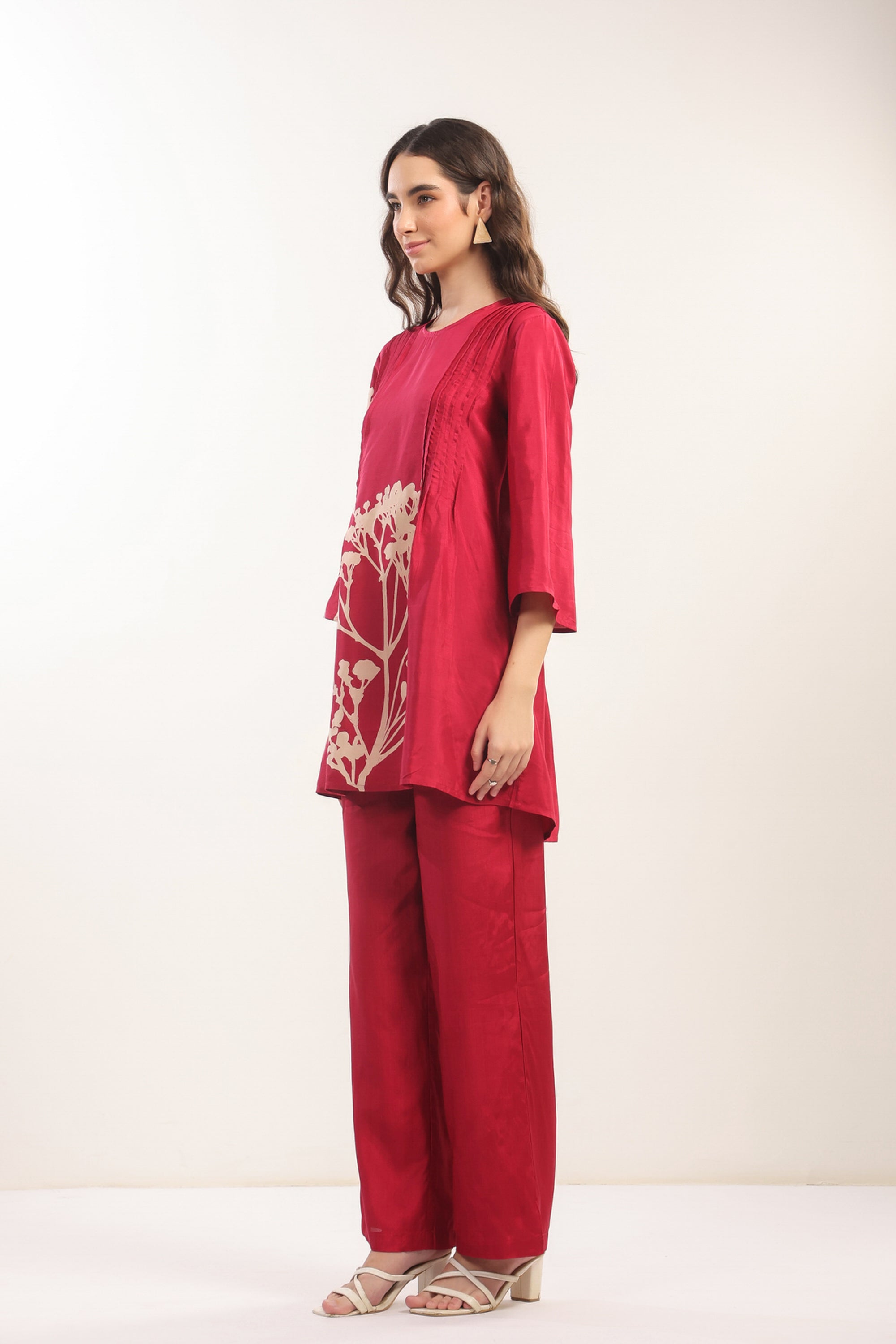 Elegant Crimson Red Floral Russian Silk Co-ord Set