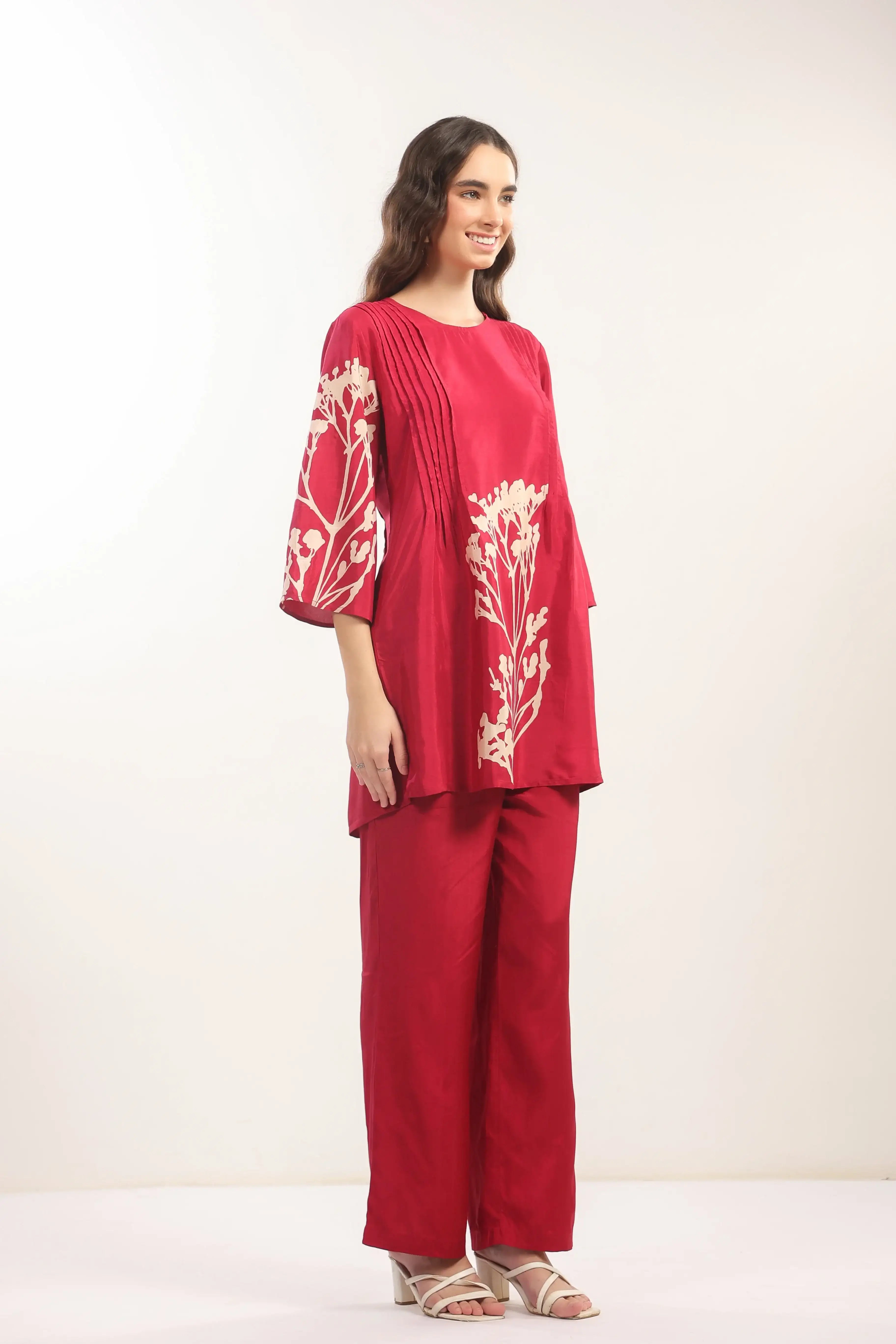 Elegant Crimson Red Floral Russian Silk Co-ord Set
