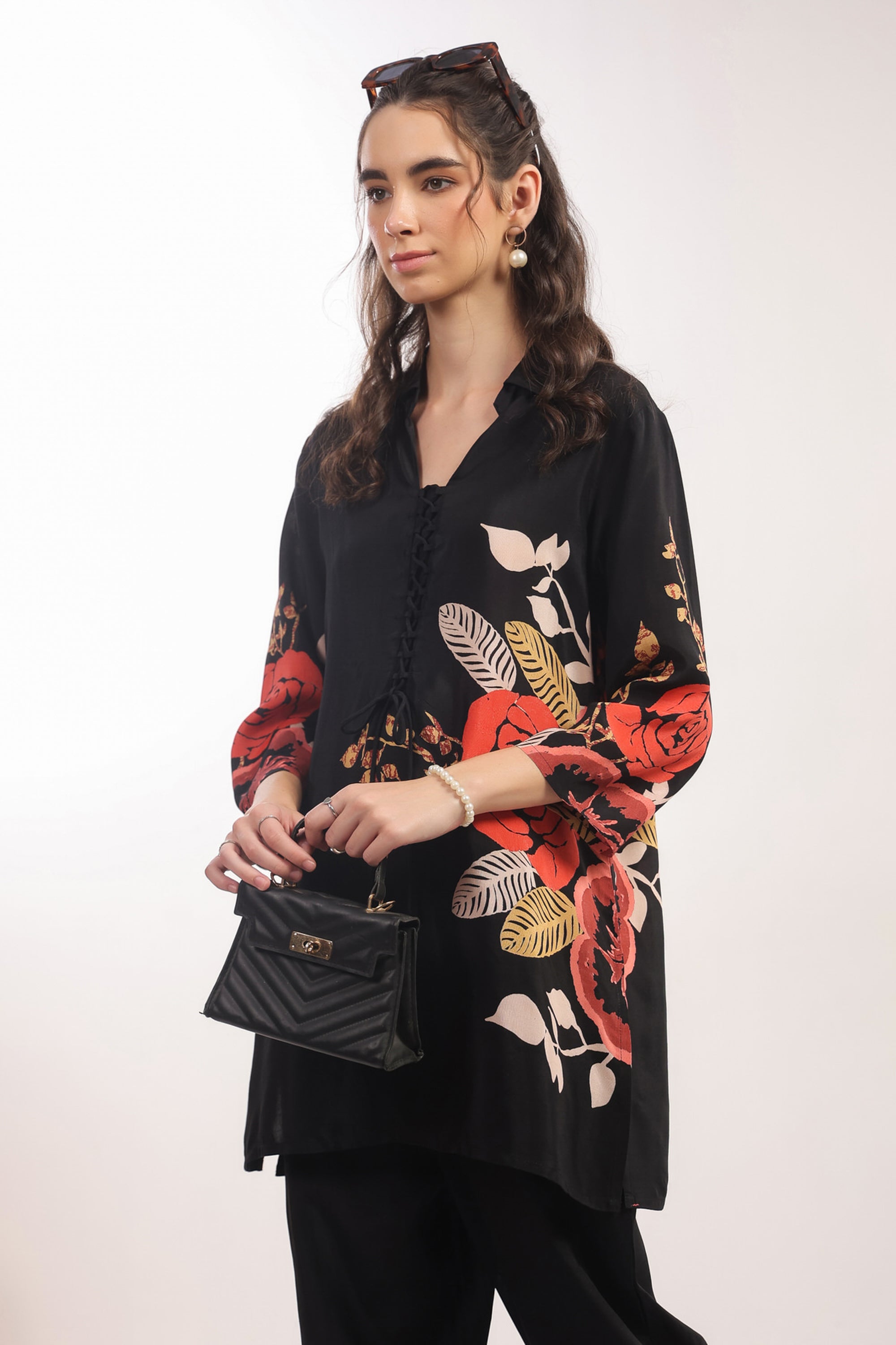 Black Floral Printed Russian Silk Co-ord Set