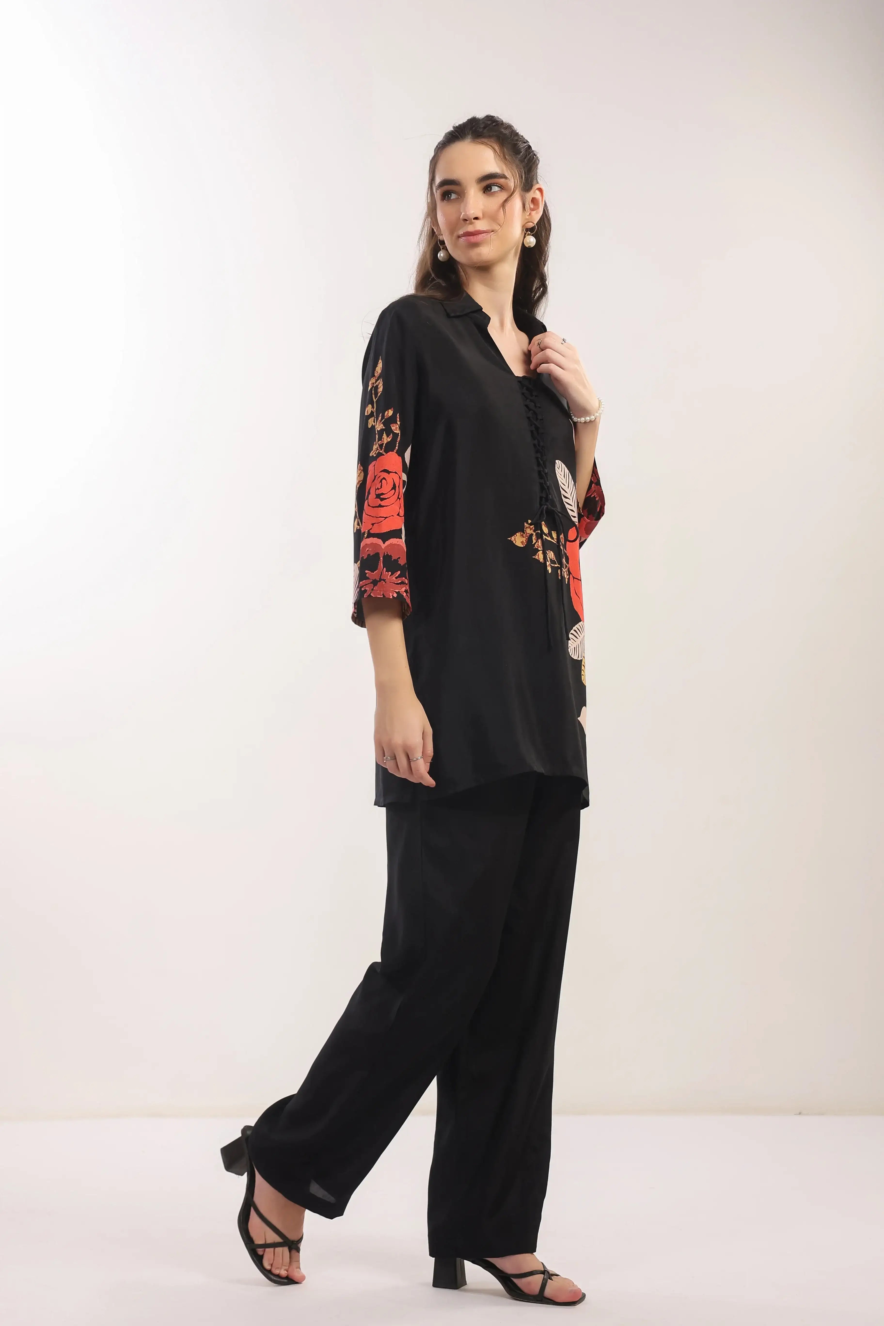 Black Floral Printed Russian Silk Co-ord Set