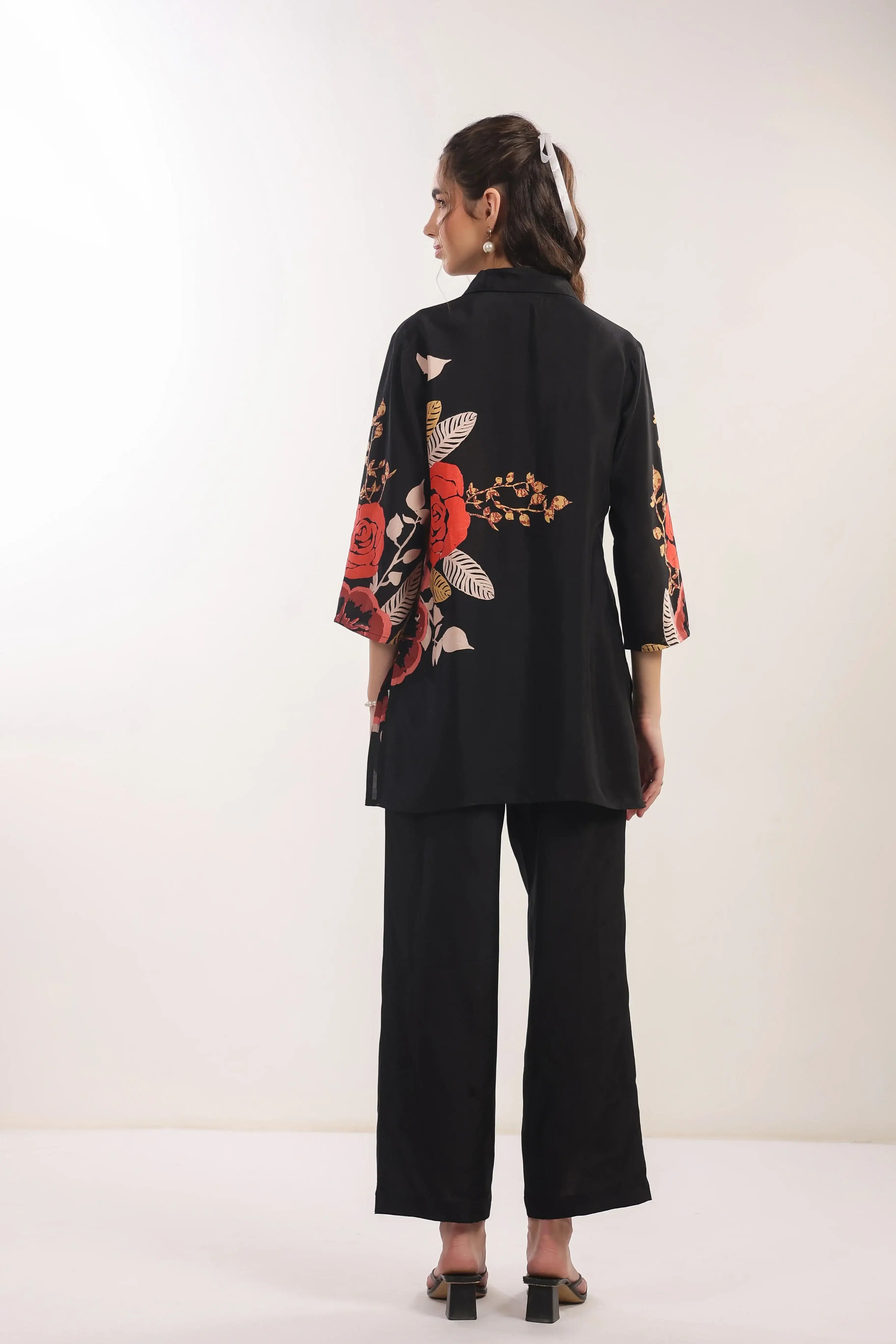 Black Floral Printed Russian Silk Co-ord Set