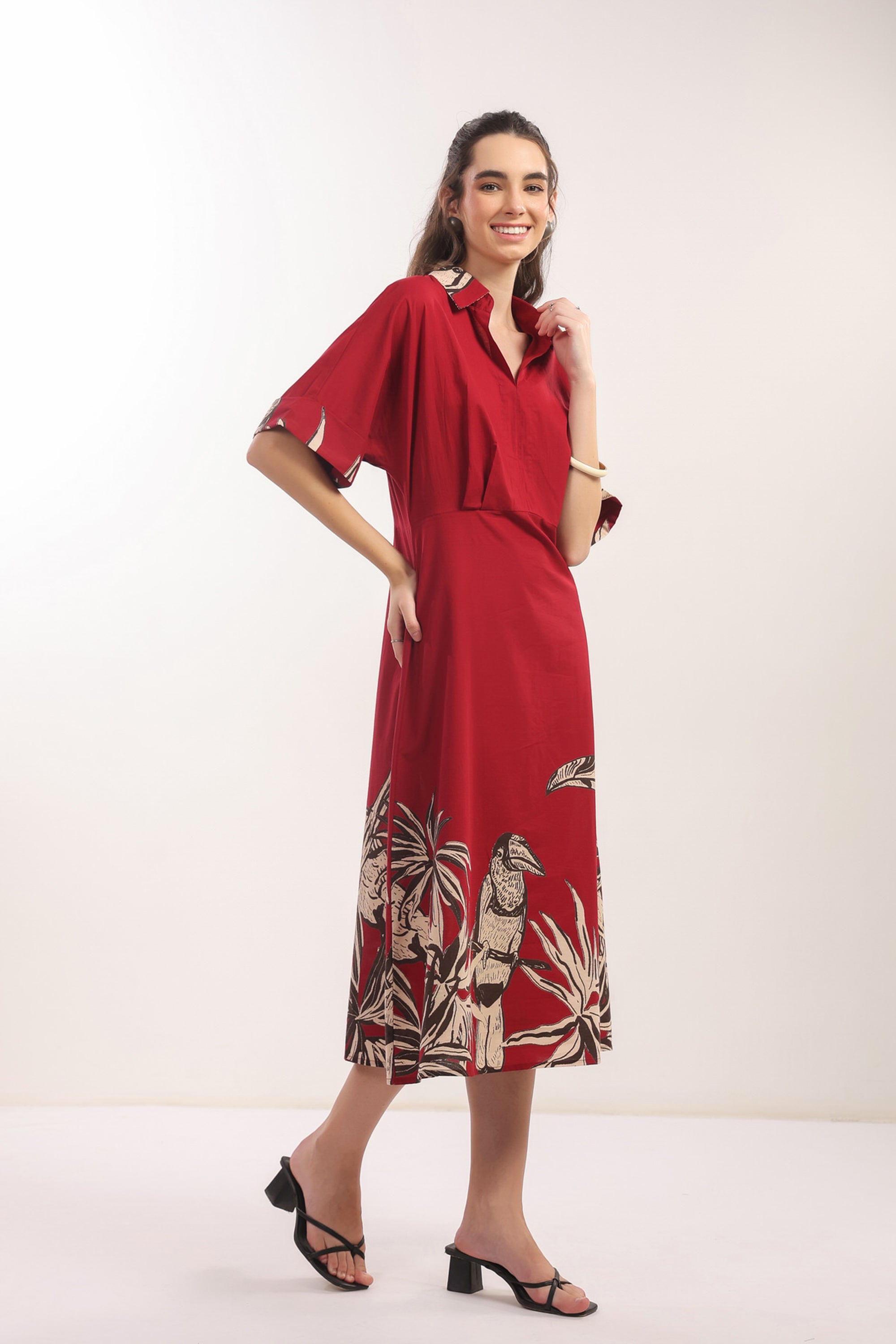 Crimson Jungle Vibe Red Cotton Shirt Dress