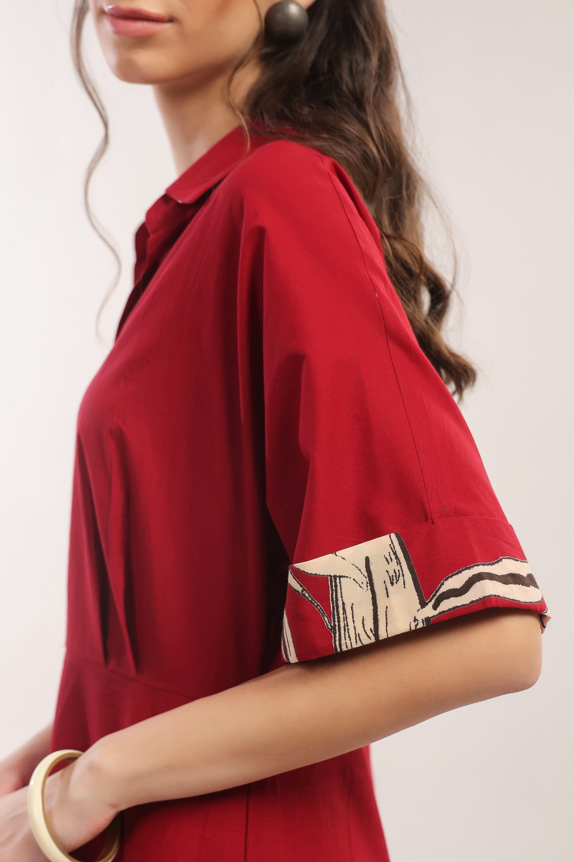 Crimson Jungle Vibe Red Cotton Shirt Dress