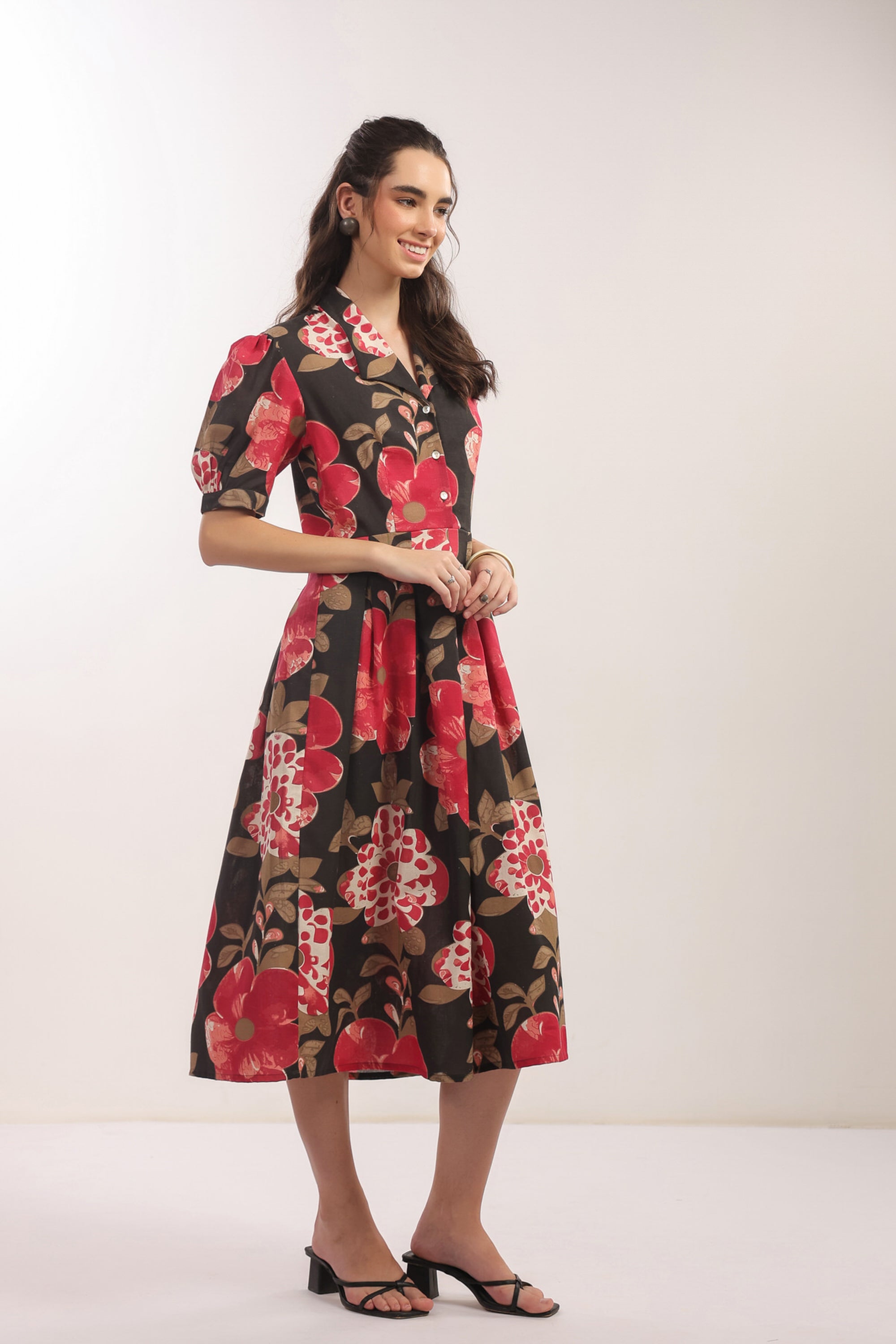 Bold Blossom Black Floral Midi Cotton Flex Dress