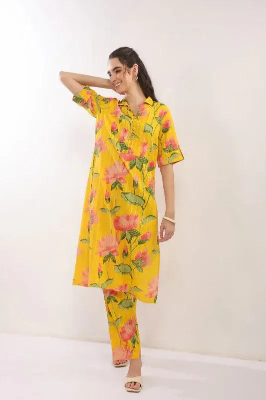 Sunshine Bloom Yellow Cotton Printed Co-ord Set