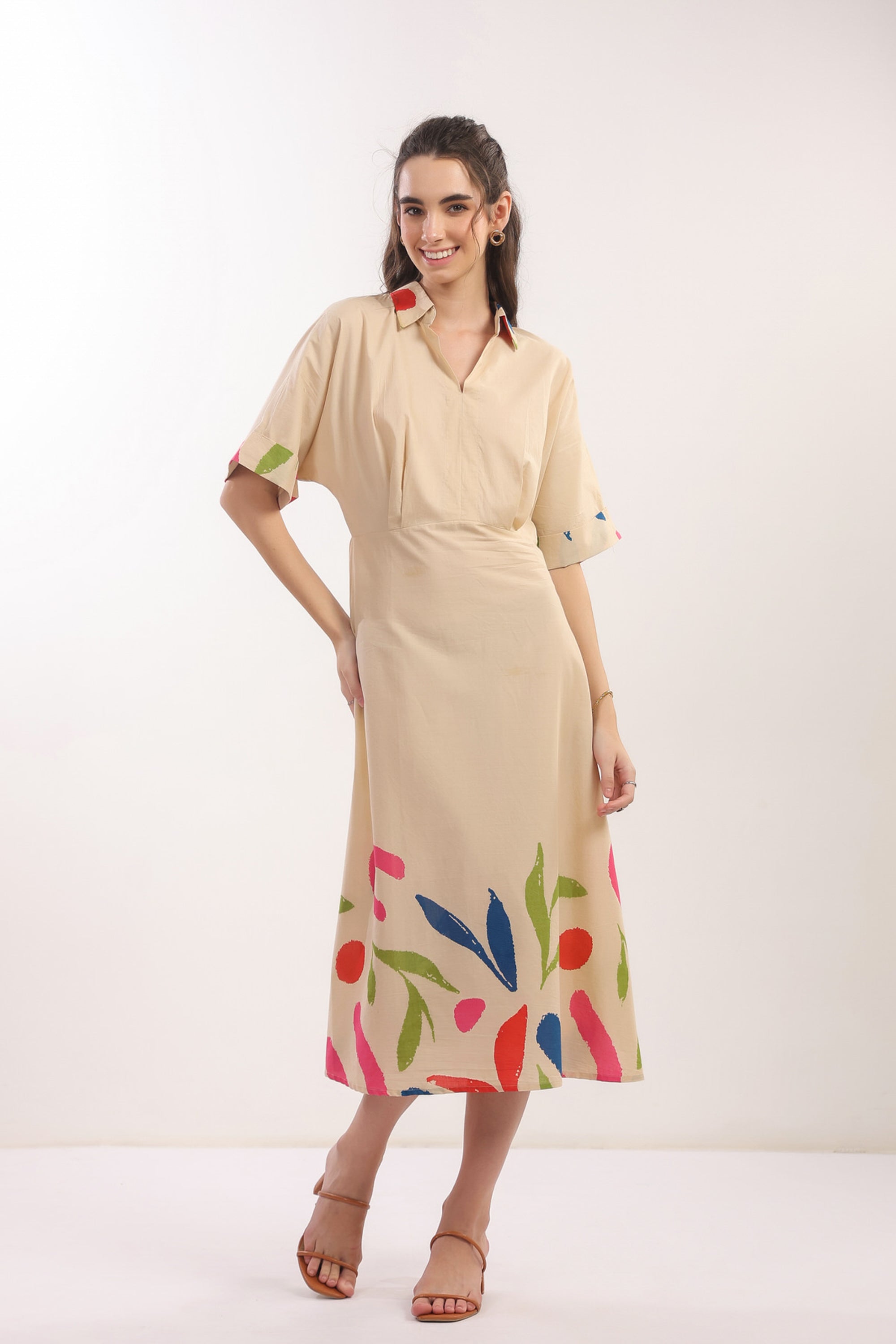 Beige Breeze Botanical Shirt Cotton Dress