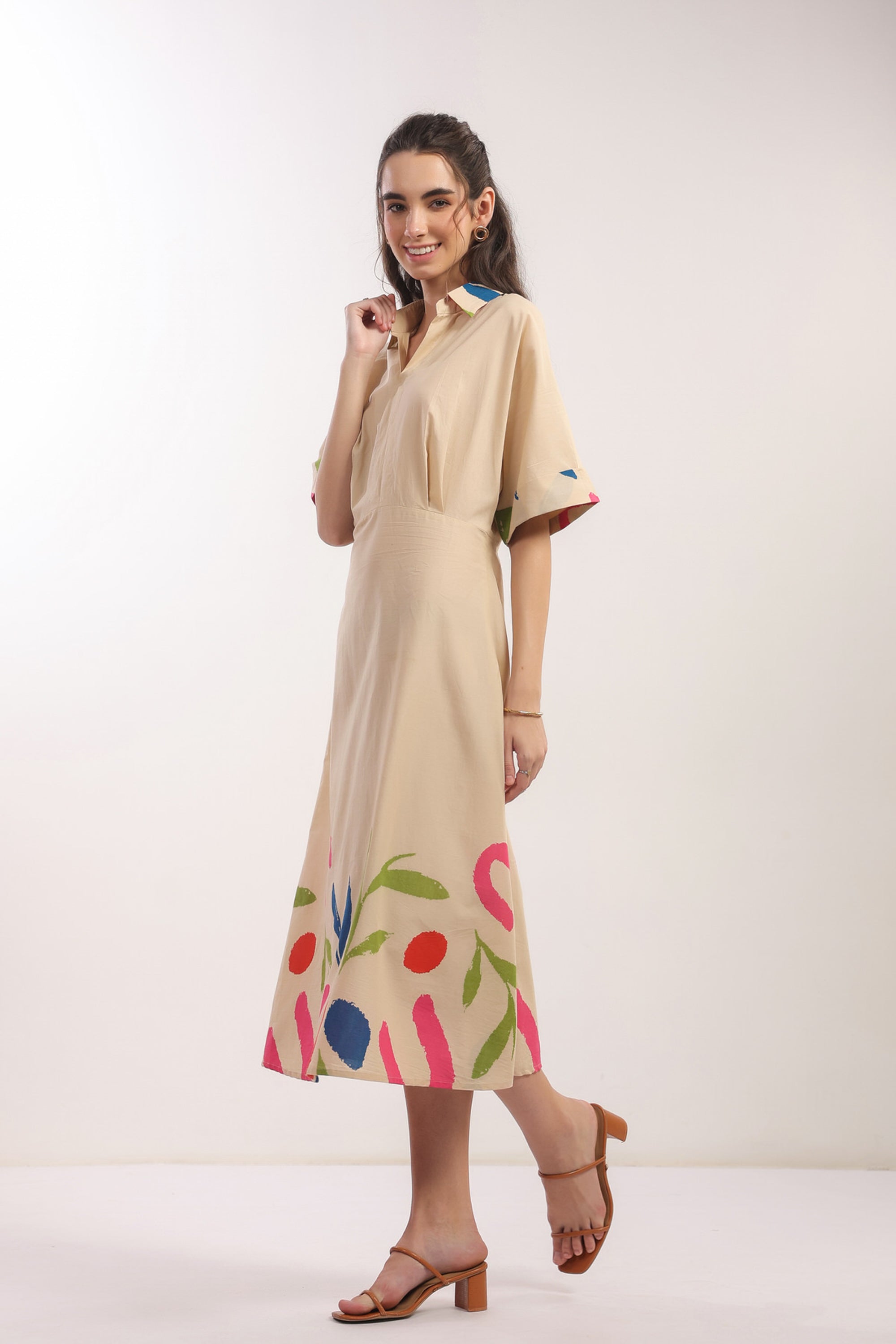 Beige Breeze Botanical Shirt Cotton Dress