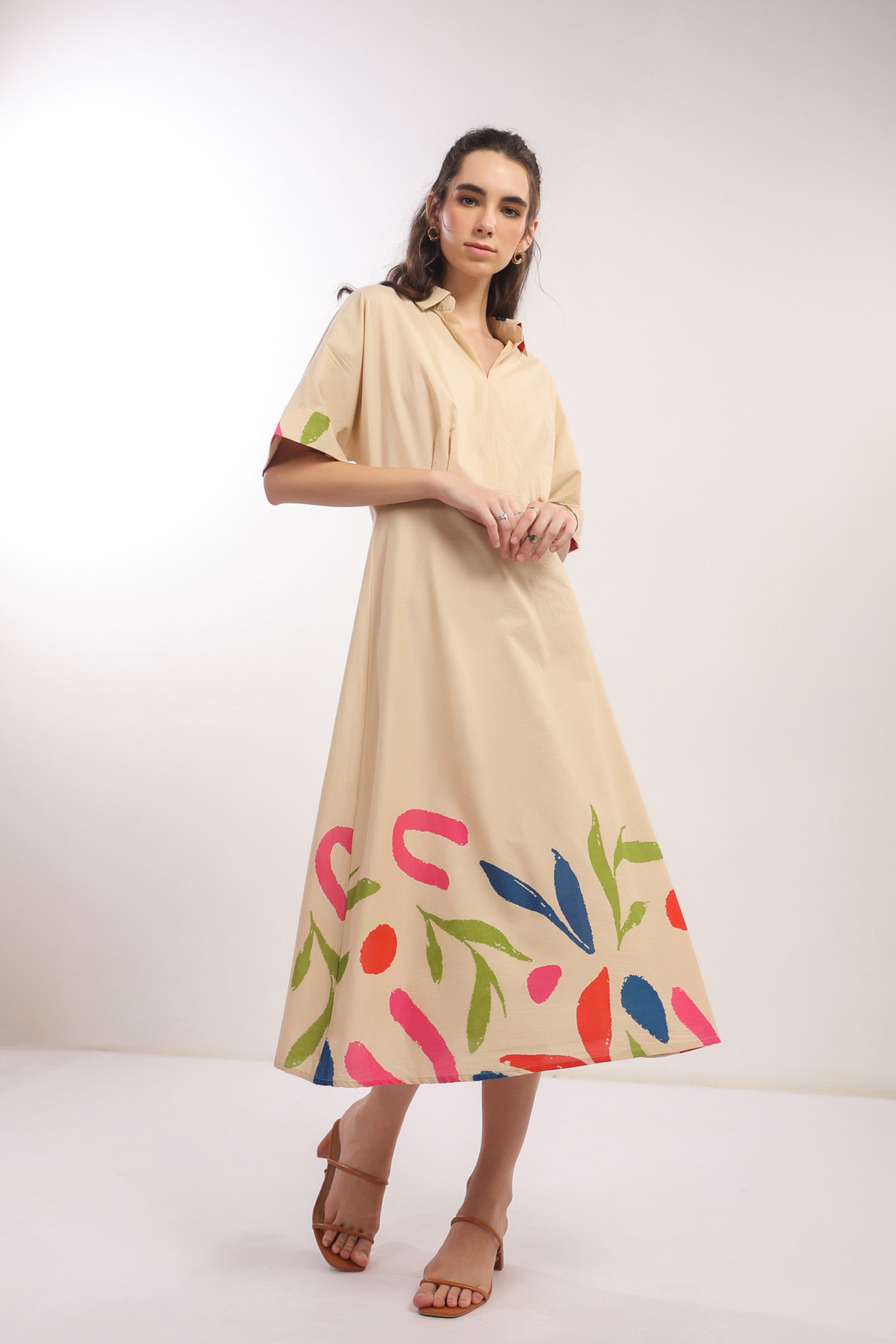 Beige Breeze Botanical Shirt Cotton Dress
