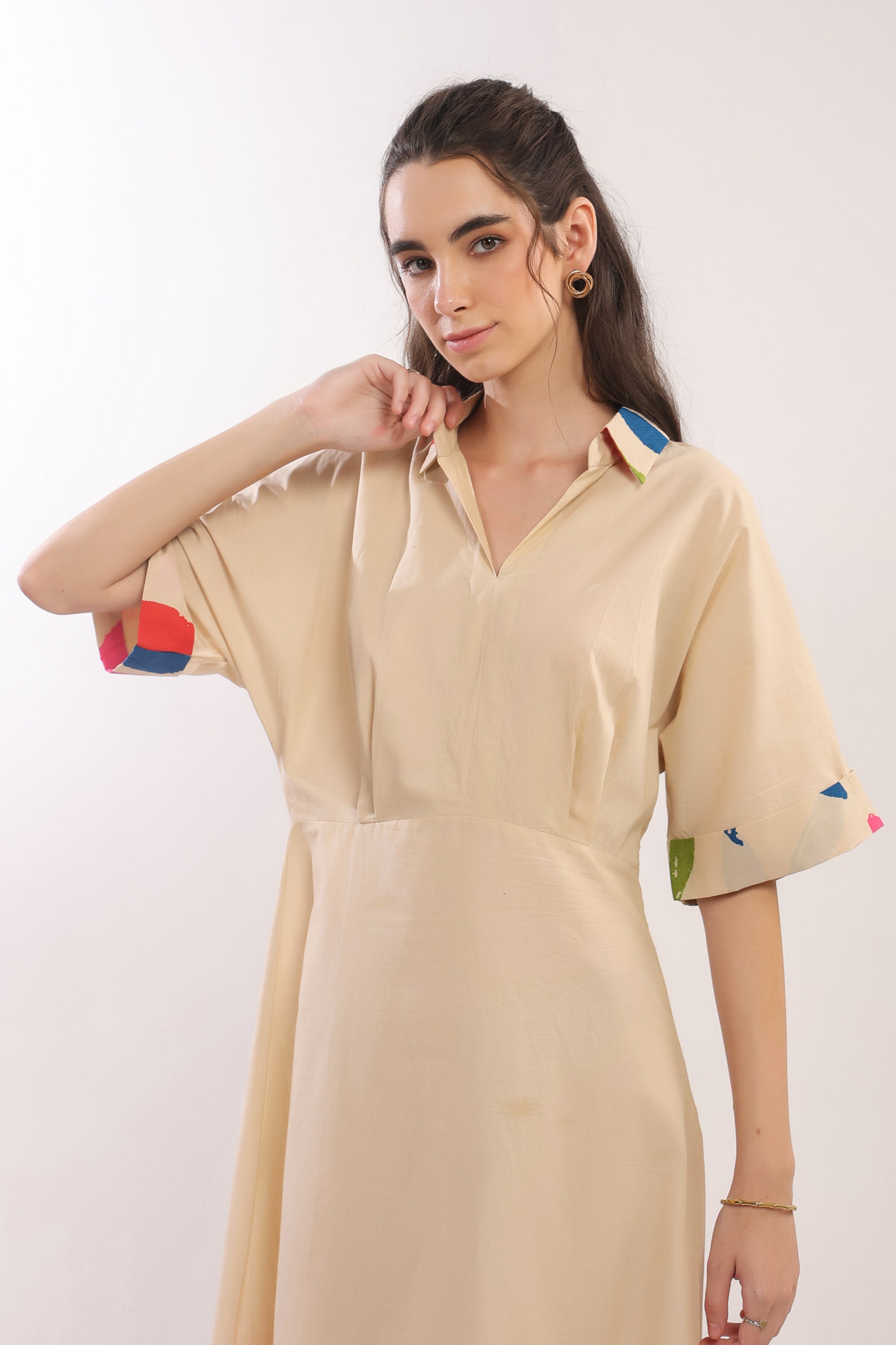 Beige Breeze Botanical Shirt Cotton Dress