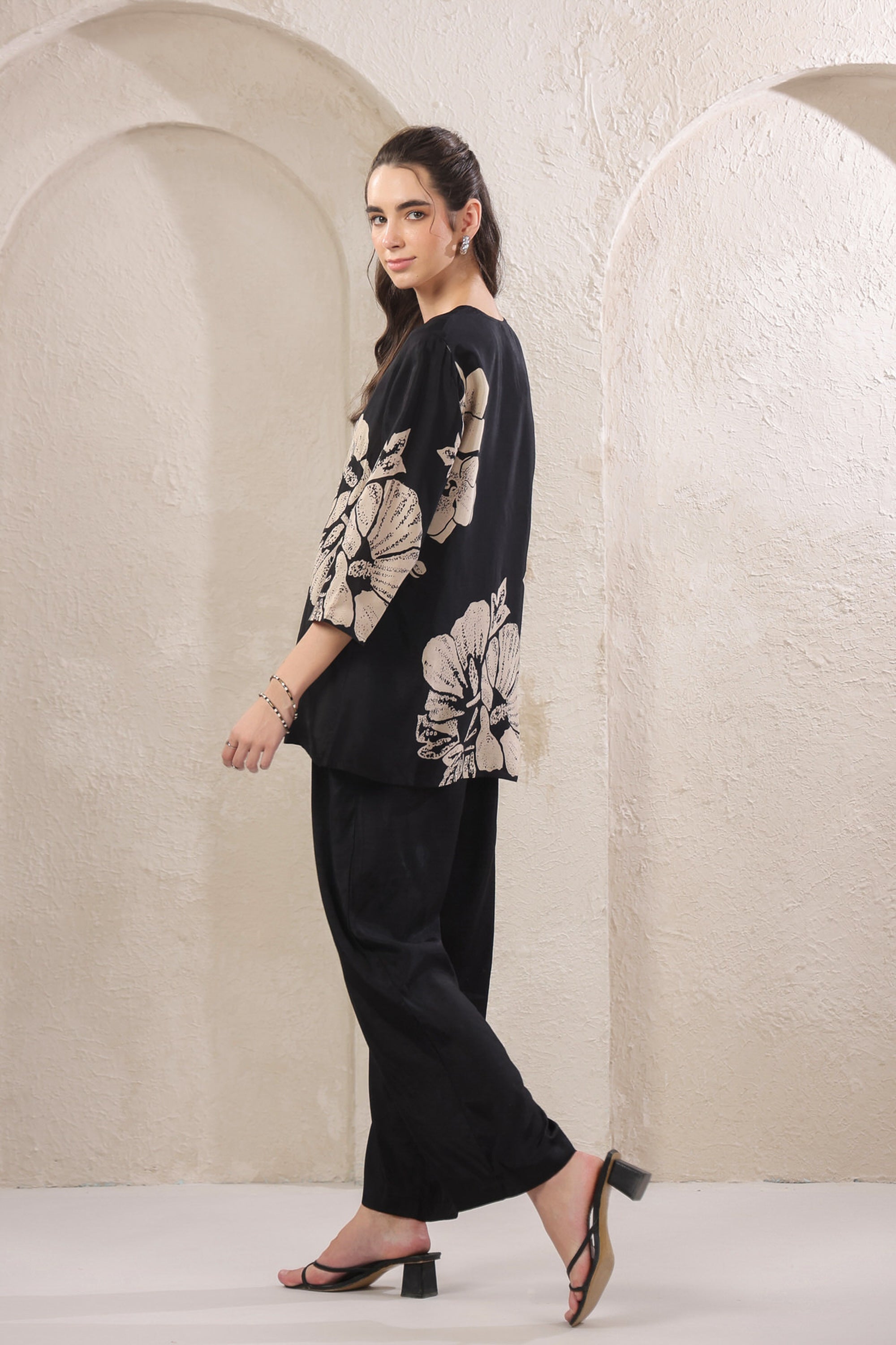 Monochrome Flora Black Russian Silk Co-ord Set