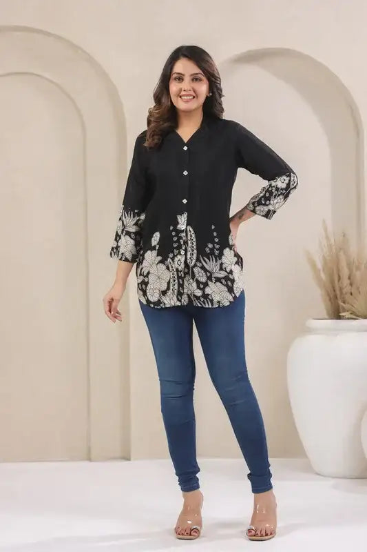 Black Floral Border Print Russian Silk Top